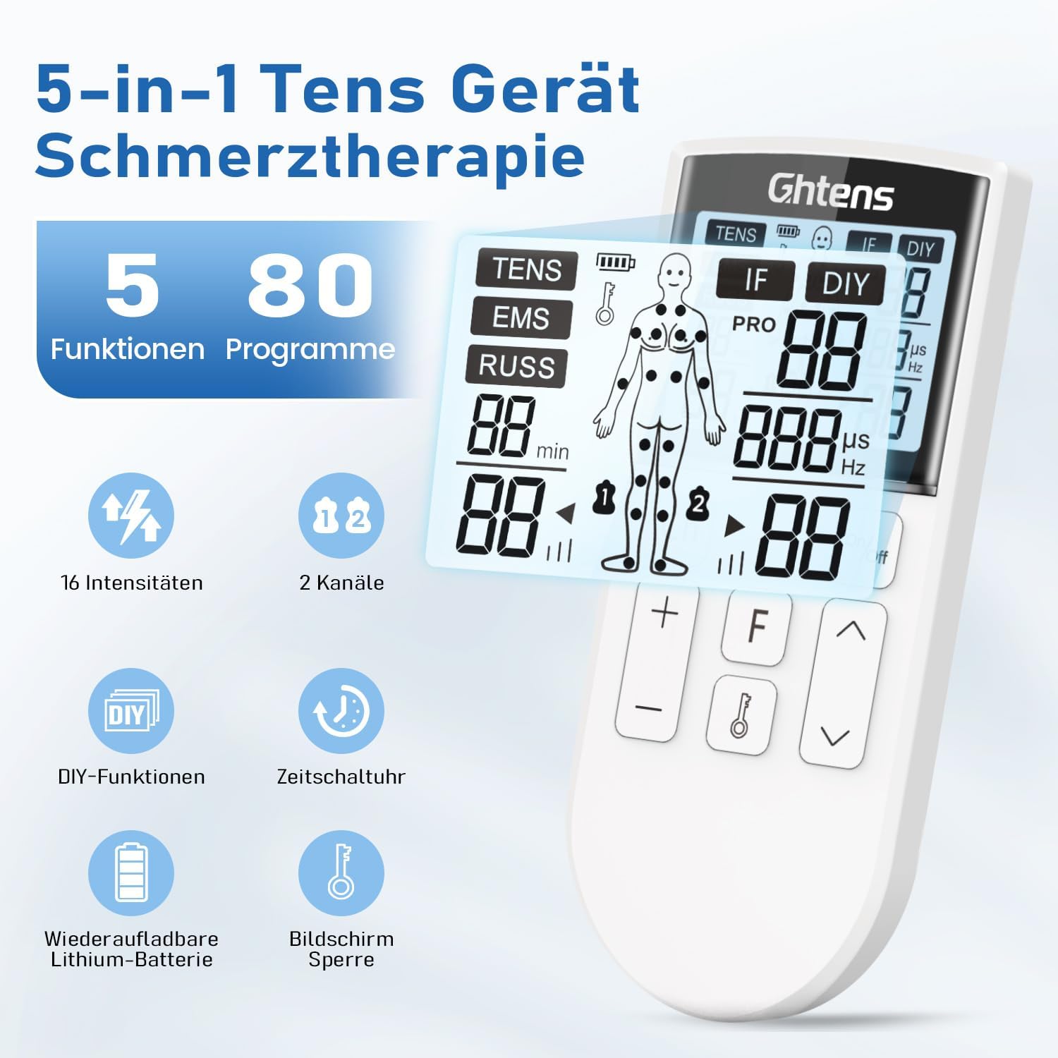 Thumbnail 2 de GHTENS TENS Gerät Schmerztherapie 5‑in‑1 mit 80 Programmen