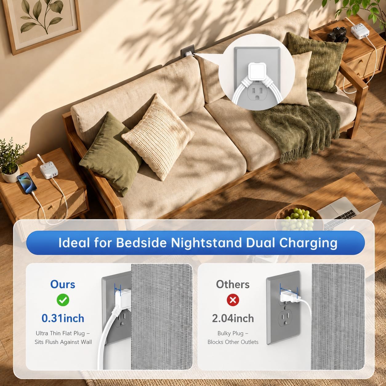 Detalle de VPSUN 12FT Split Extension Cord with Flat Plug, 8 AC Outlets and USB Ports