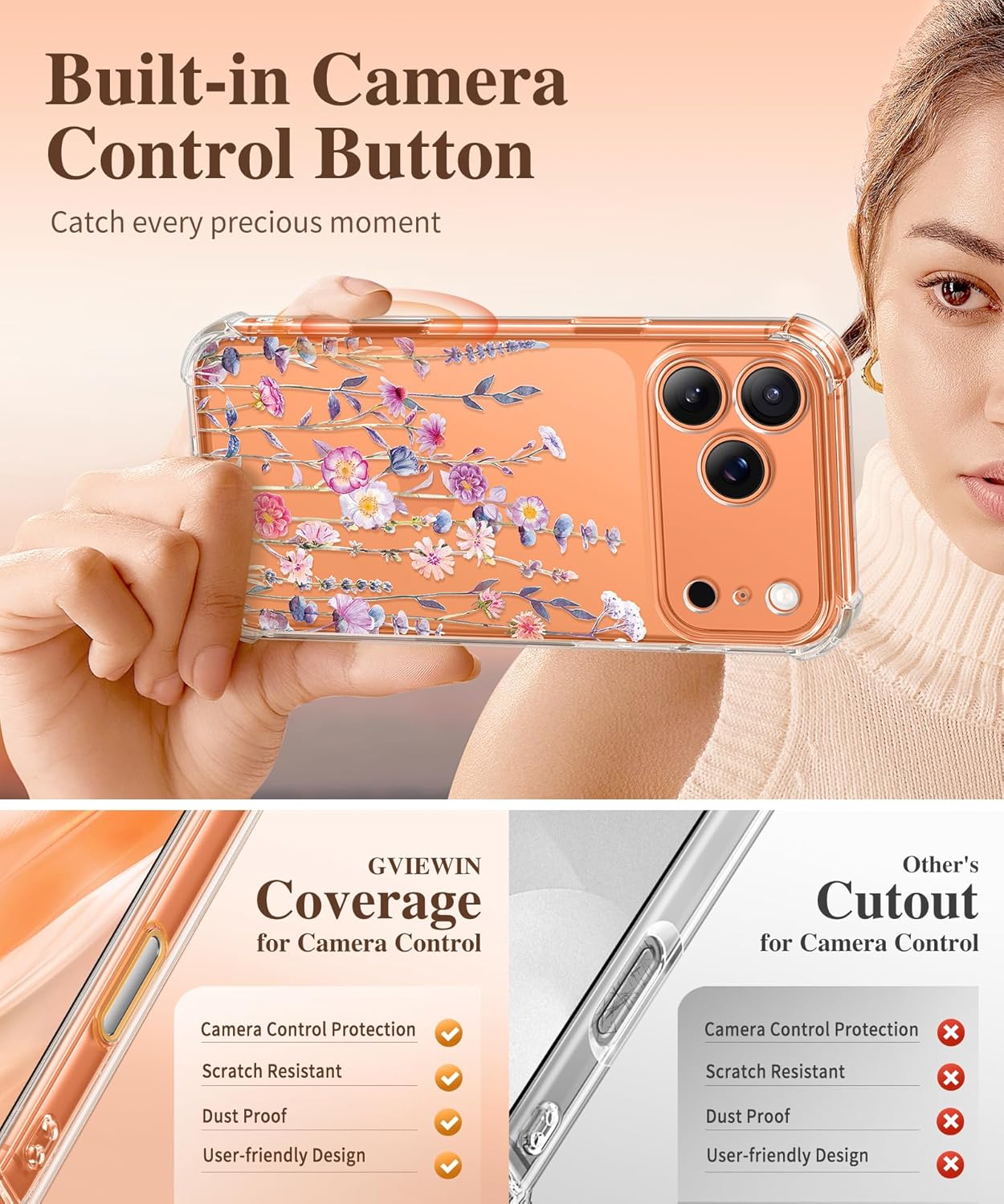 Thumbnail 4 de GVIEWIN Hülle für iPhone 17 Pro Max (6,9") mit Displayfolie, 360° Militärschutz und Blumen-Design