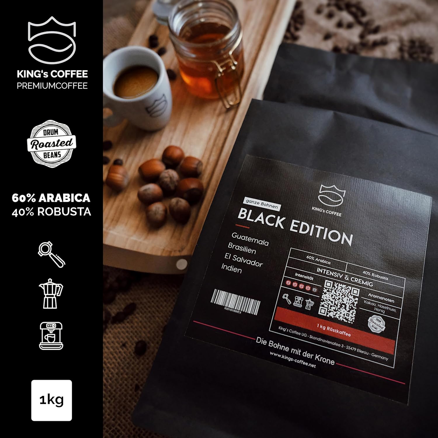 Detalle de KING'S COFFEE BLACK EDITION – 1 kg Ganze Kaffeebohnen, kräftiger Arabica Espresso Blend