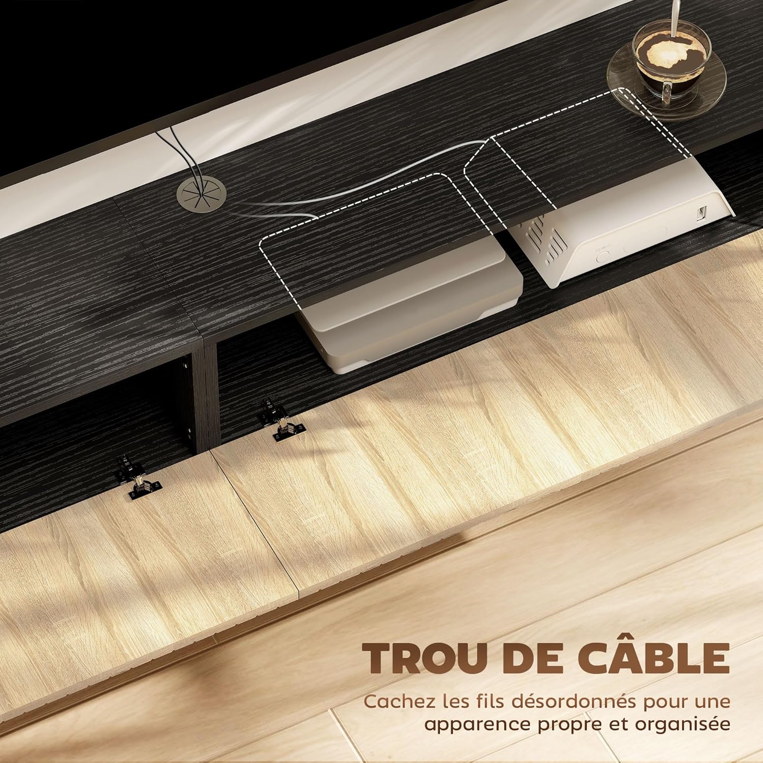 Thumbnail 4 de HOMCOM Meuble TV suspendu flottant 140 cm – Banc TV mural en MDF mélaminé, boise naturel et noir