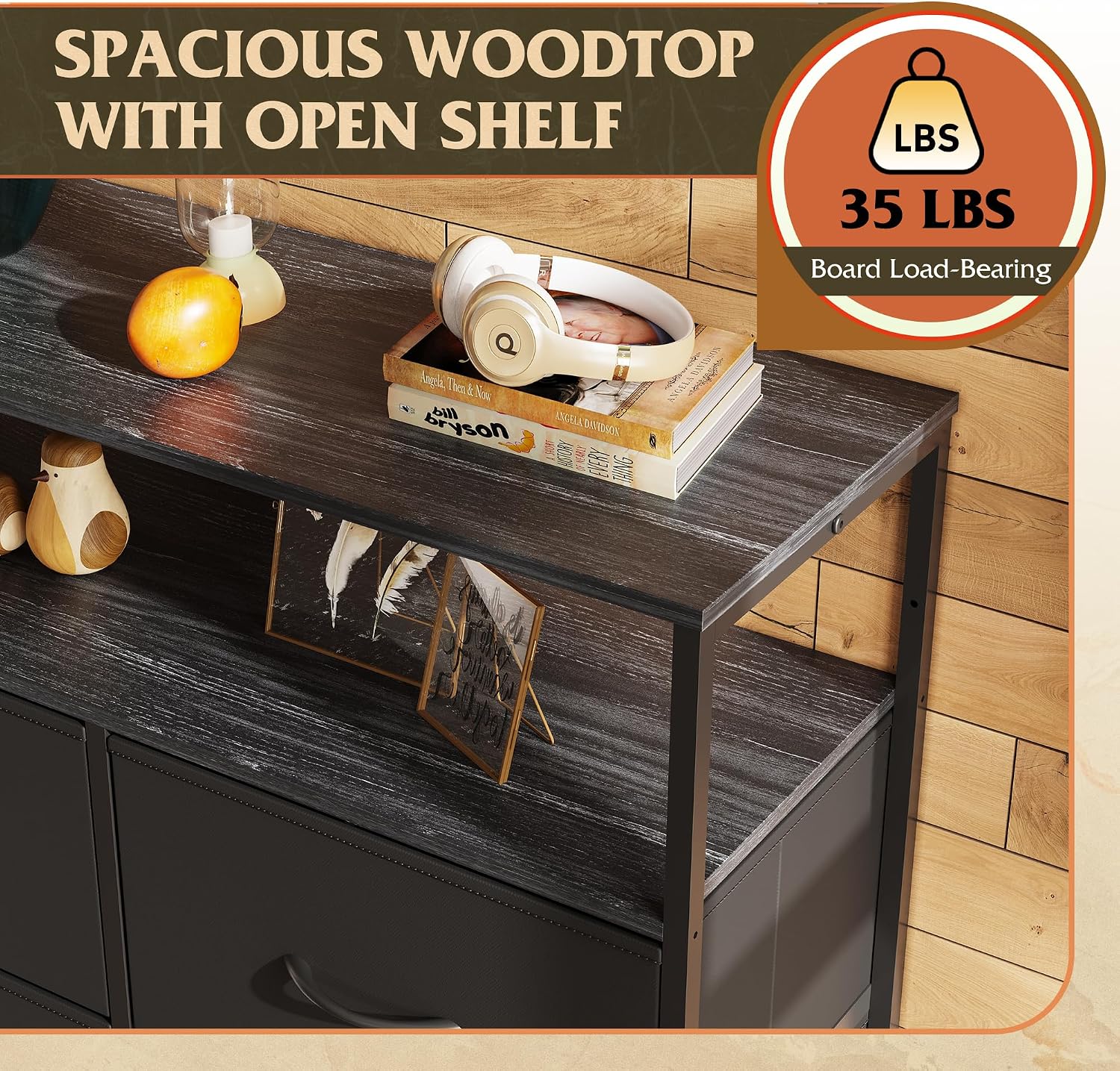Detalle de WLIVE ASNG085DK 8-Drawer Fabric Dresser with Open Shelves