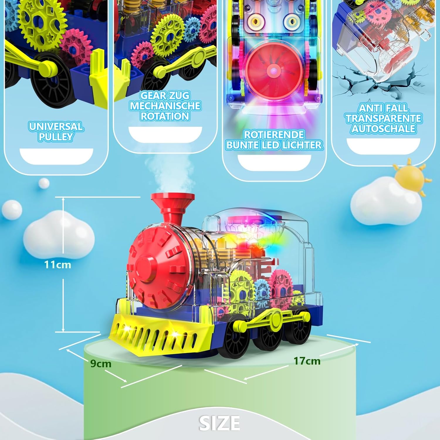 Detalle de Kizeefun R05 Transparent Gear Train Toy with Lights, Music and 360° Rotation