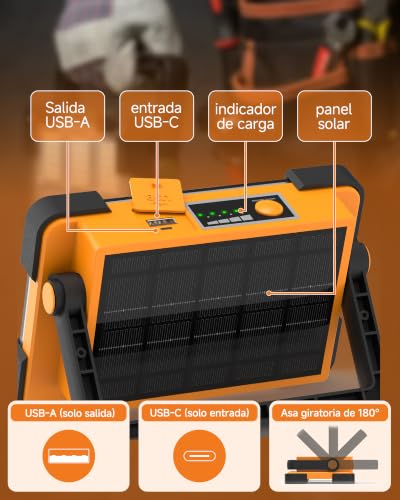 Detalle de DANCINGBOAR Foco LED Recargable Solar 6000 mAh: Luz de Trabajo Exterior en Pack de 2