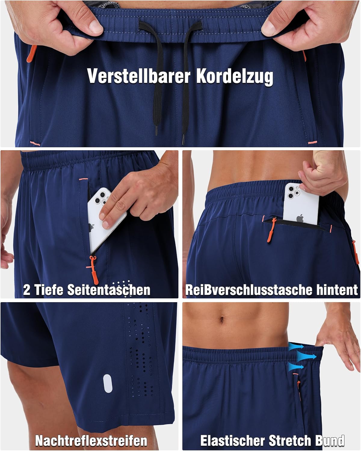 Detalle de Zoofly 2er Pack Herren Sportshorts Sommer mit Reißverschluss-Taschen – Atmungsaktiv, schnell trocknend