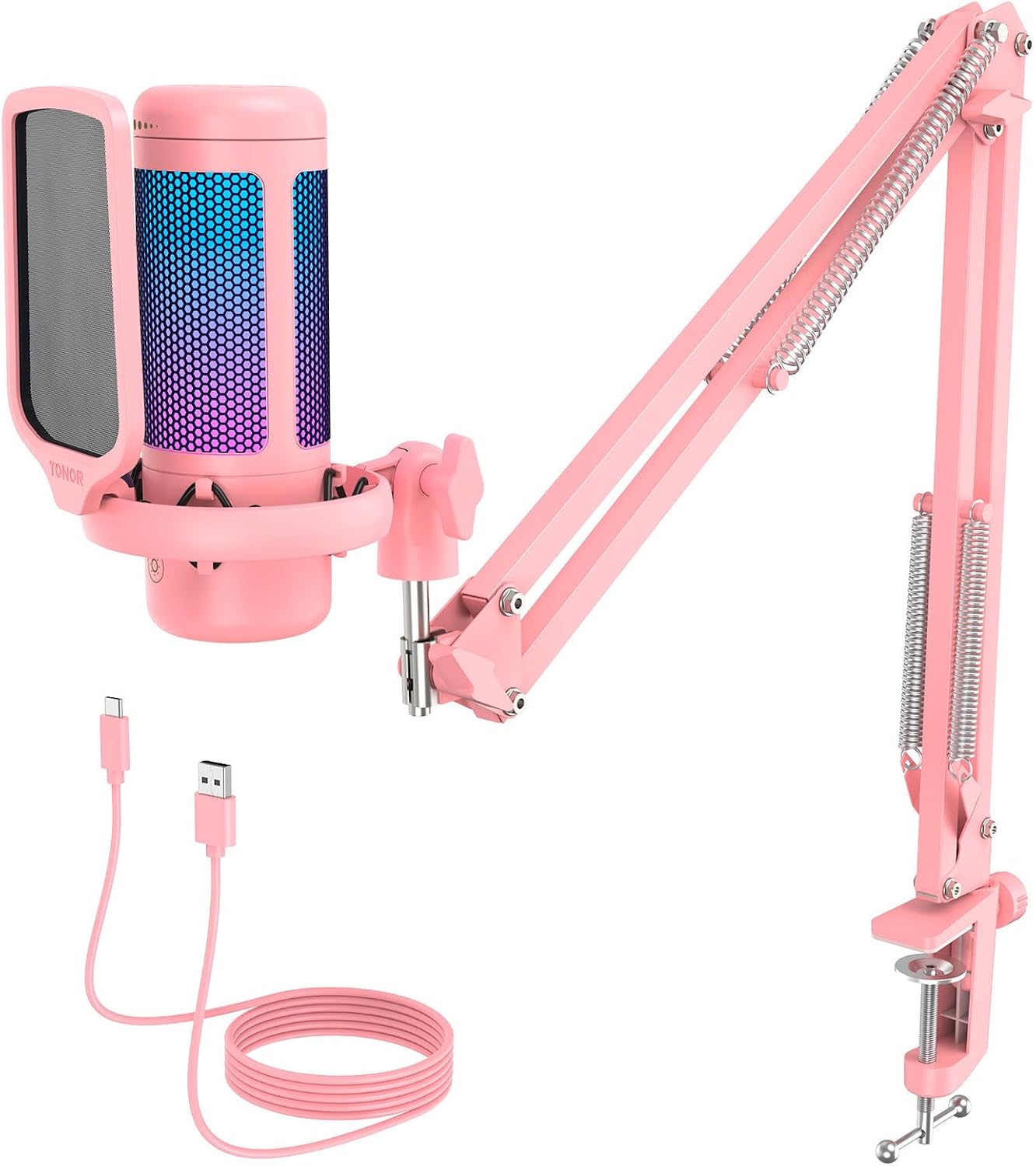 Detalle de TONOR TC310+ Pink Gaming Condenser Microphone with RGB and Boom Arm