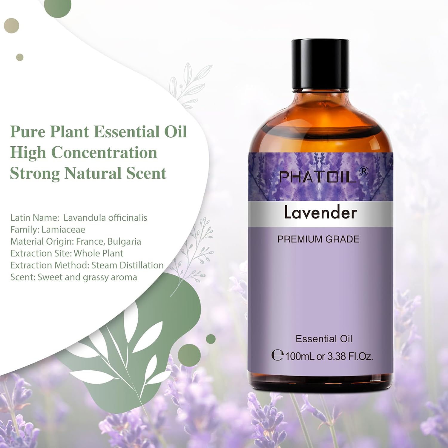 Detalle de PHATOIL Lavender Essential Oil 100ml (100% Natural) – for diffusers, aromatherapy & DIY