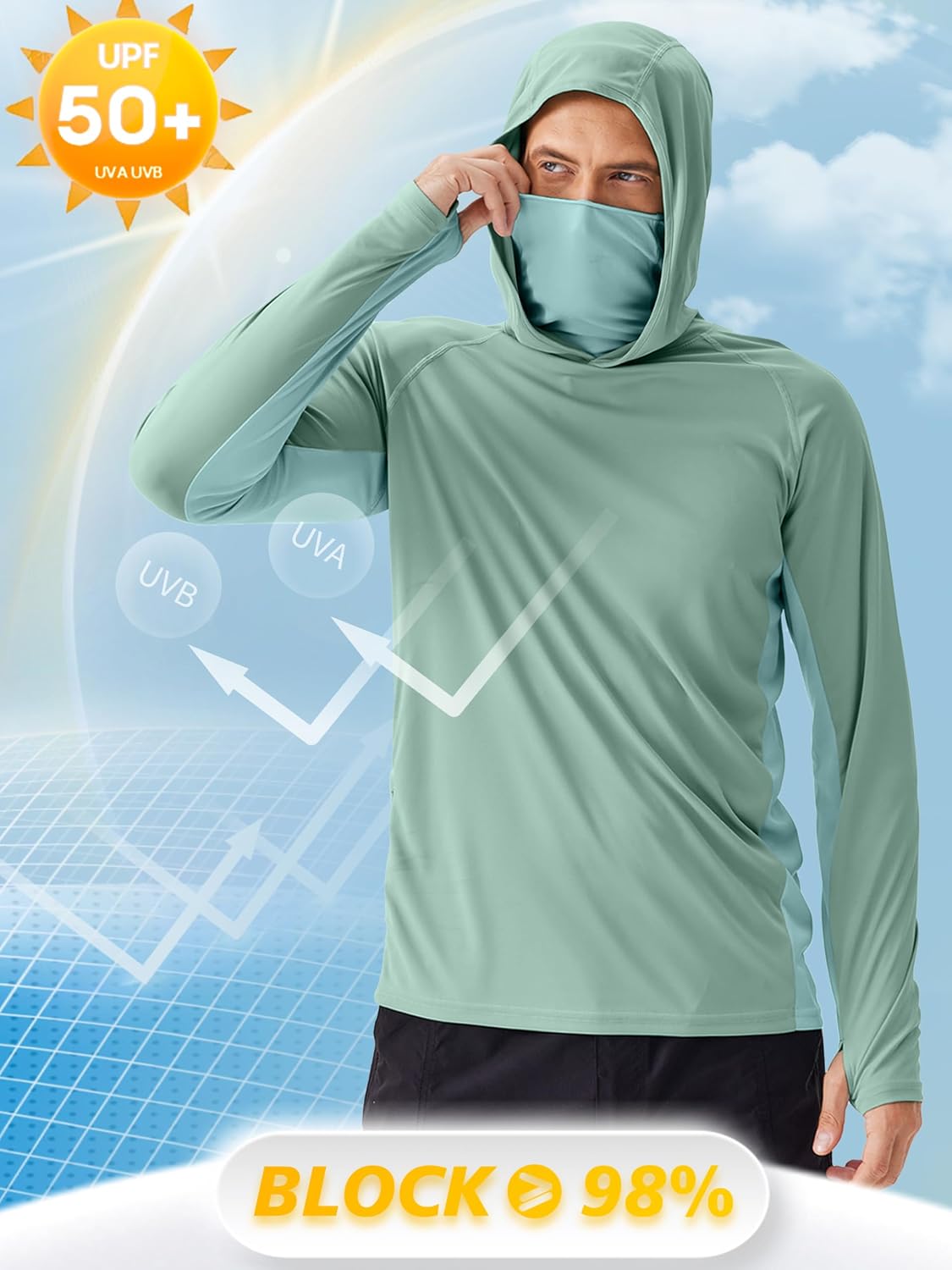 Detalle de PINSPARK Men's Sun Protection Hoodie with Mask UPF 50+ UV Long Sleeve Shirt