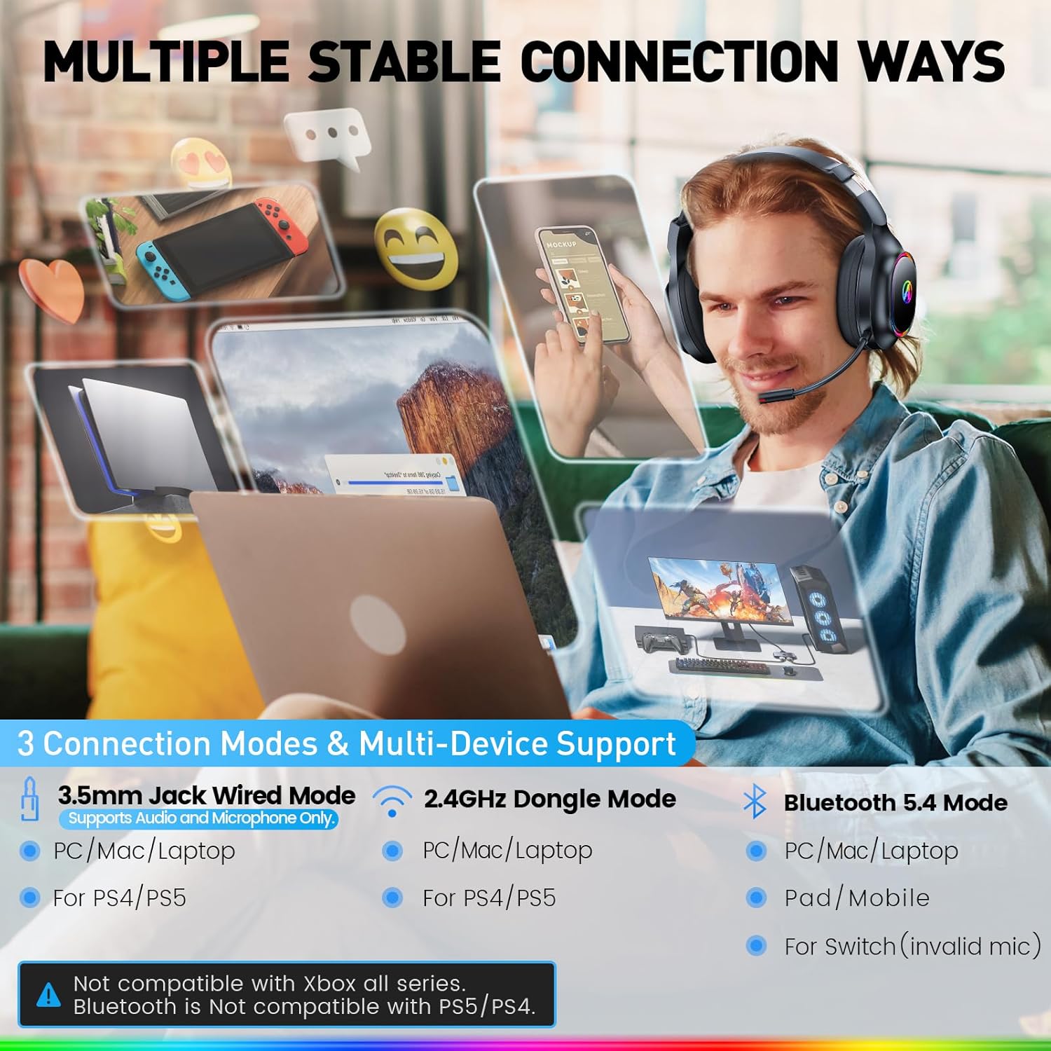 Detalle 2 de Awinnasey PH1 2.4GHz Wireless Gaming Headset – 7.1 Surround Sound for PS5/PS4/PC/Switch