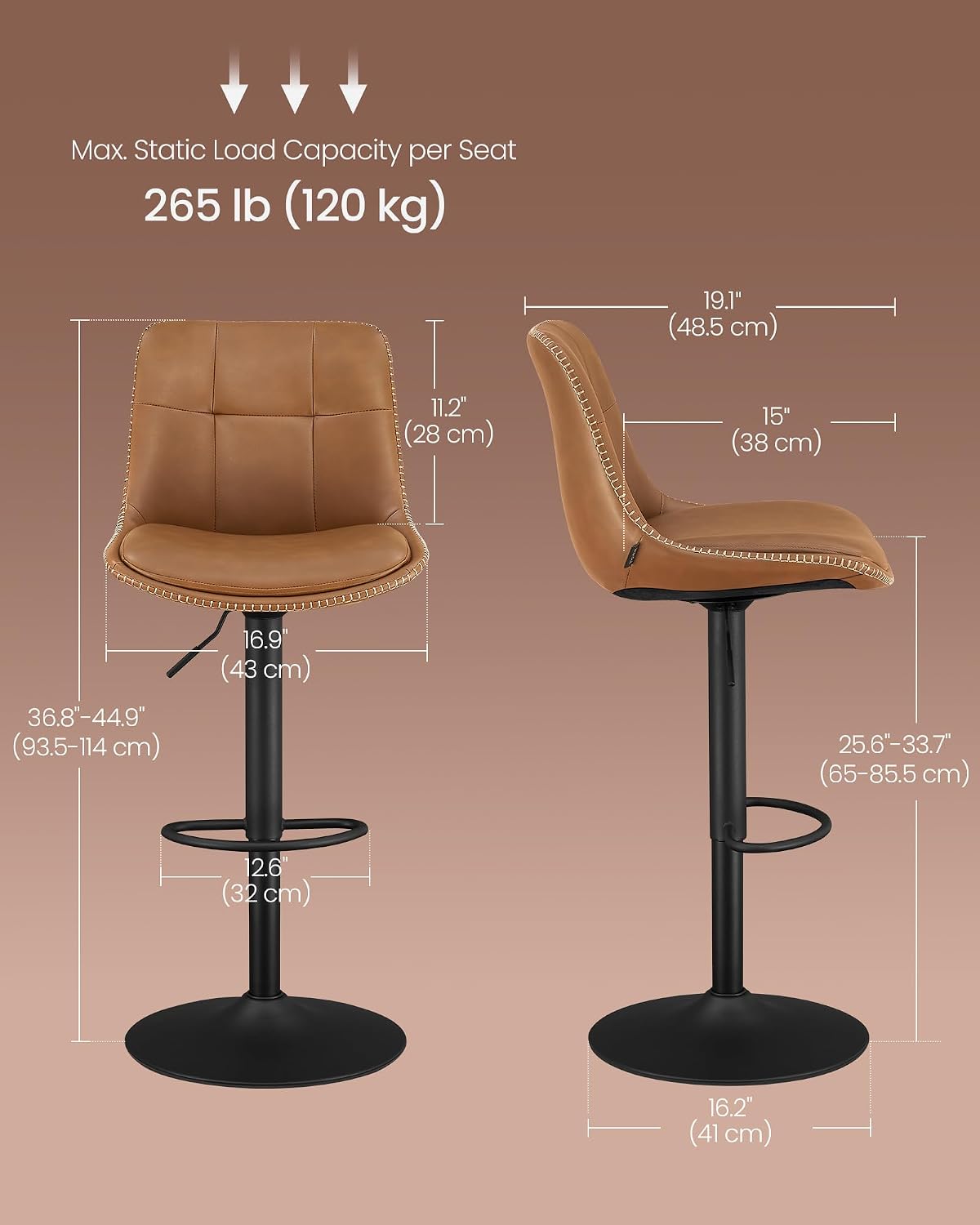 Detalle de VASAGLE ULJB095K01 Swivel Bar Stools, Set of 2, Adjustable Height