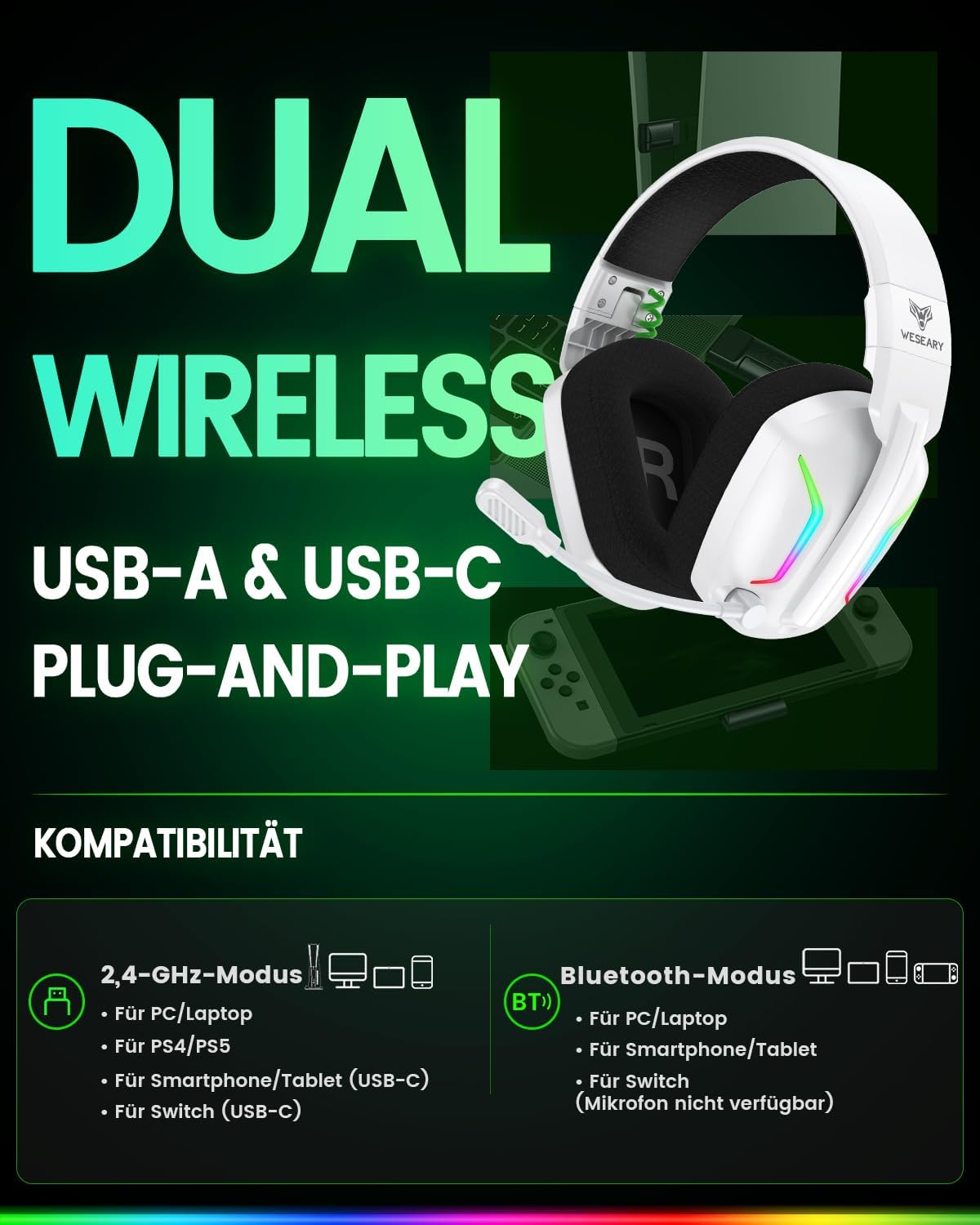 Thumbnail 2 de WESEARY Wireless Gaming Headset: 2,4 GHz & Bluetooth, ENC-Mikrofon, 60 h Akku, RGB, kompatibel mit PS5/PS4/PC/Switch
