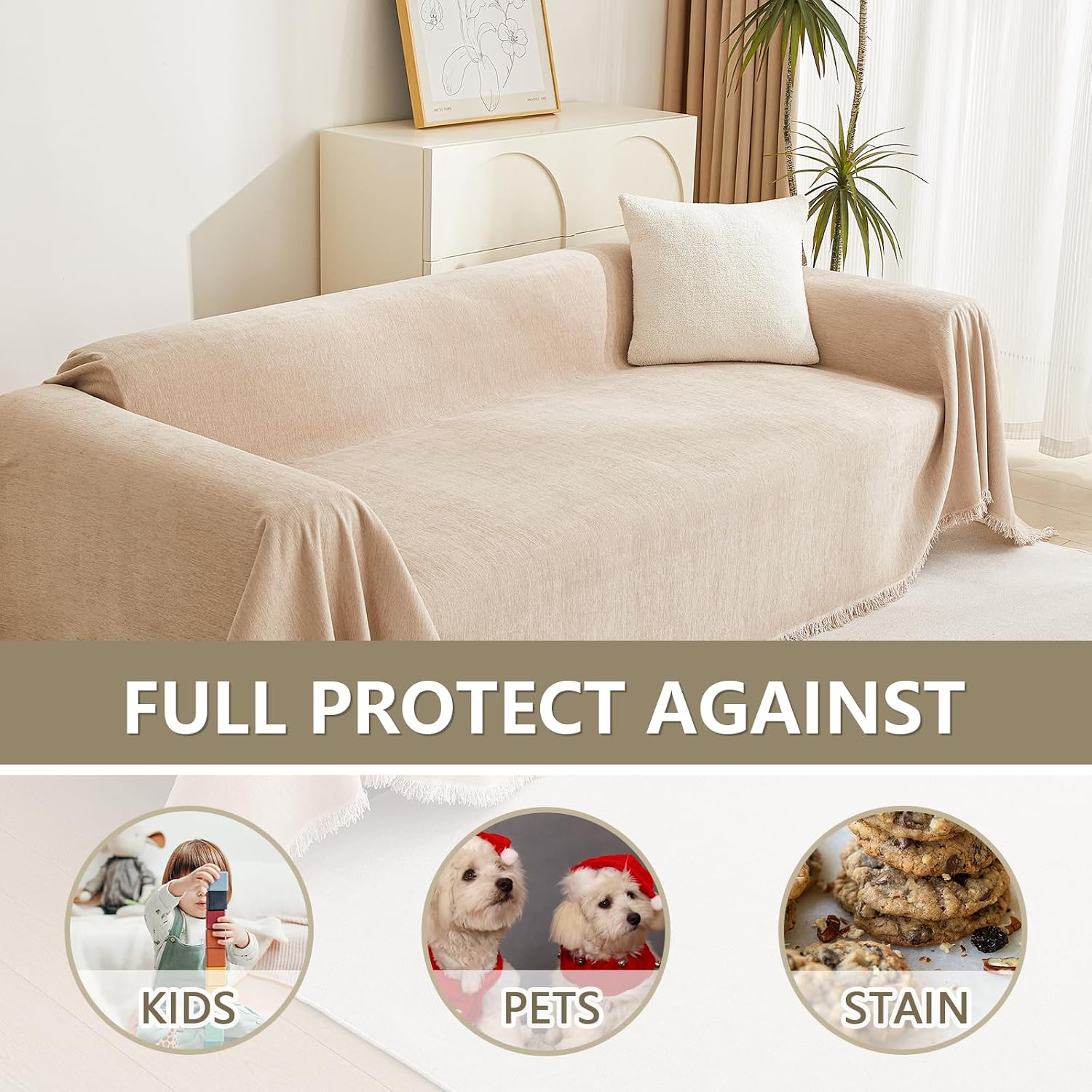 Thumbnail 3 de MYSKY HOME 001 Chenille Sectional Sofa Cover, 91" x 134", Khaki