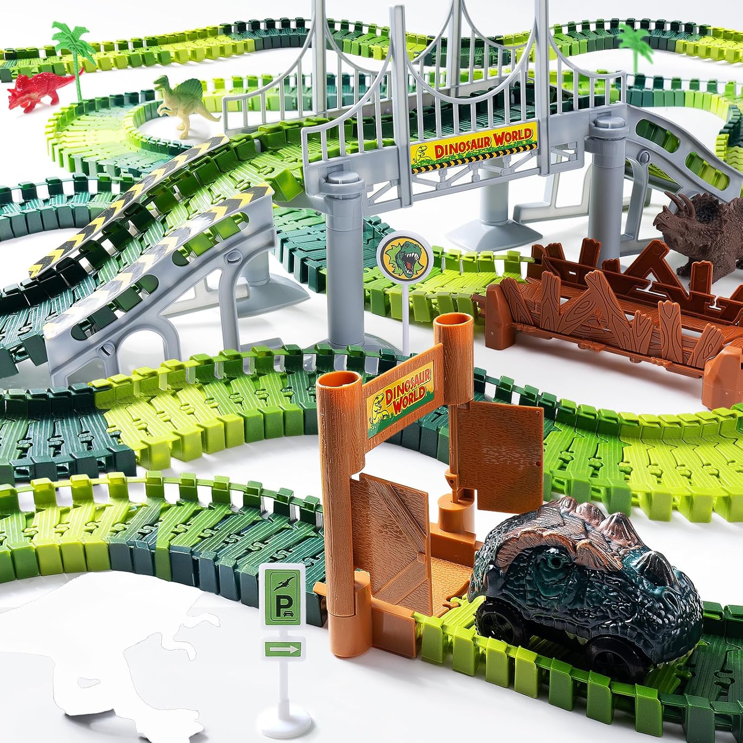 Detalle de Dinosaurier Spielzeug Autorennbahn – DIY Rennstrecke mit 2 Dinolokomobilen für kreativen Abenteuer