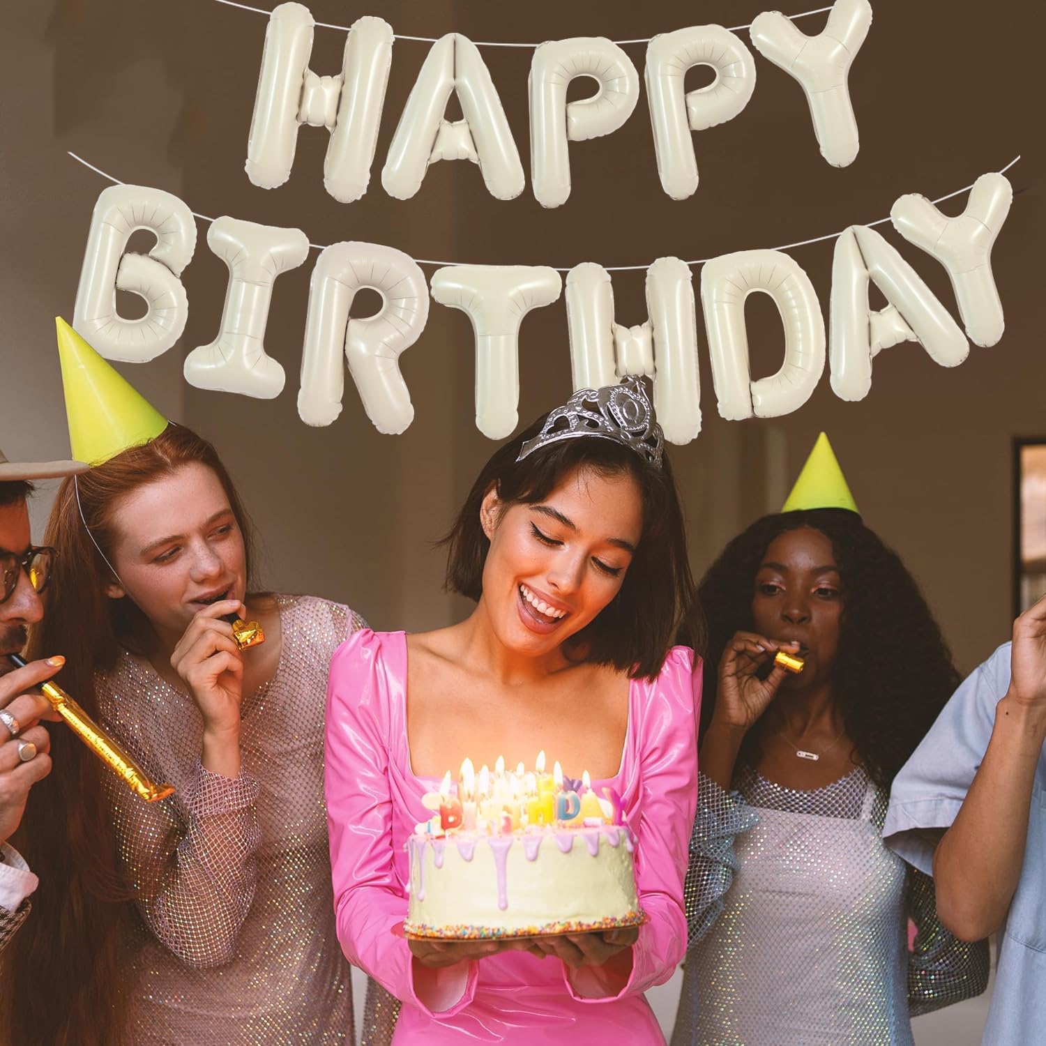 Thumbnail 5 de TONIFUL Cream White Happy Birthday Balloons Banner – 16 Inch Aluminum Foil Letters, Reusable Party Sign