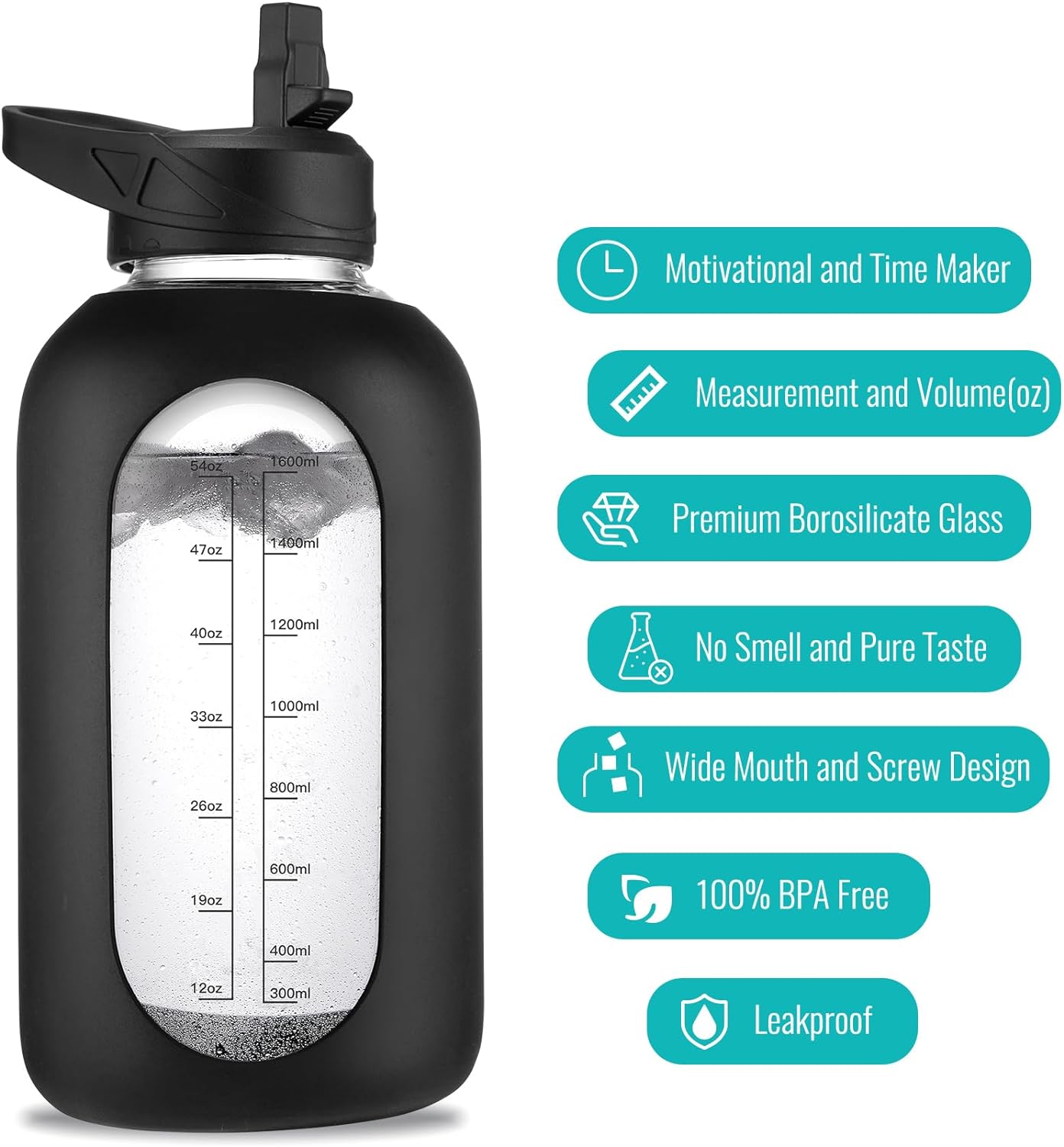 Detalle de EALGRO 64 oz Glass Water Bottle With Straw and Handle (Black) — Half-Gallon Motivational Hydration Jug