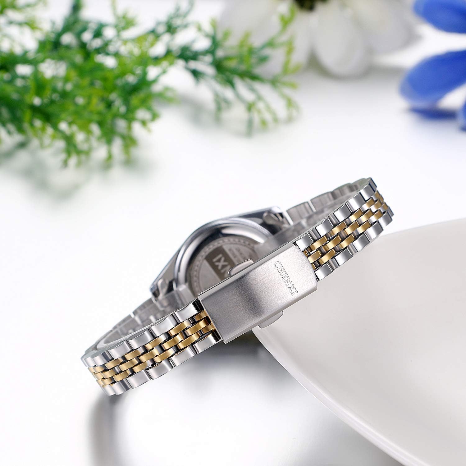 Thumbnail 6 de JewelryWe Paar Uhr Analog Quarz Kalender 30M Wasserdicht – Edelstahl, Strass, Geschenkbox