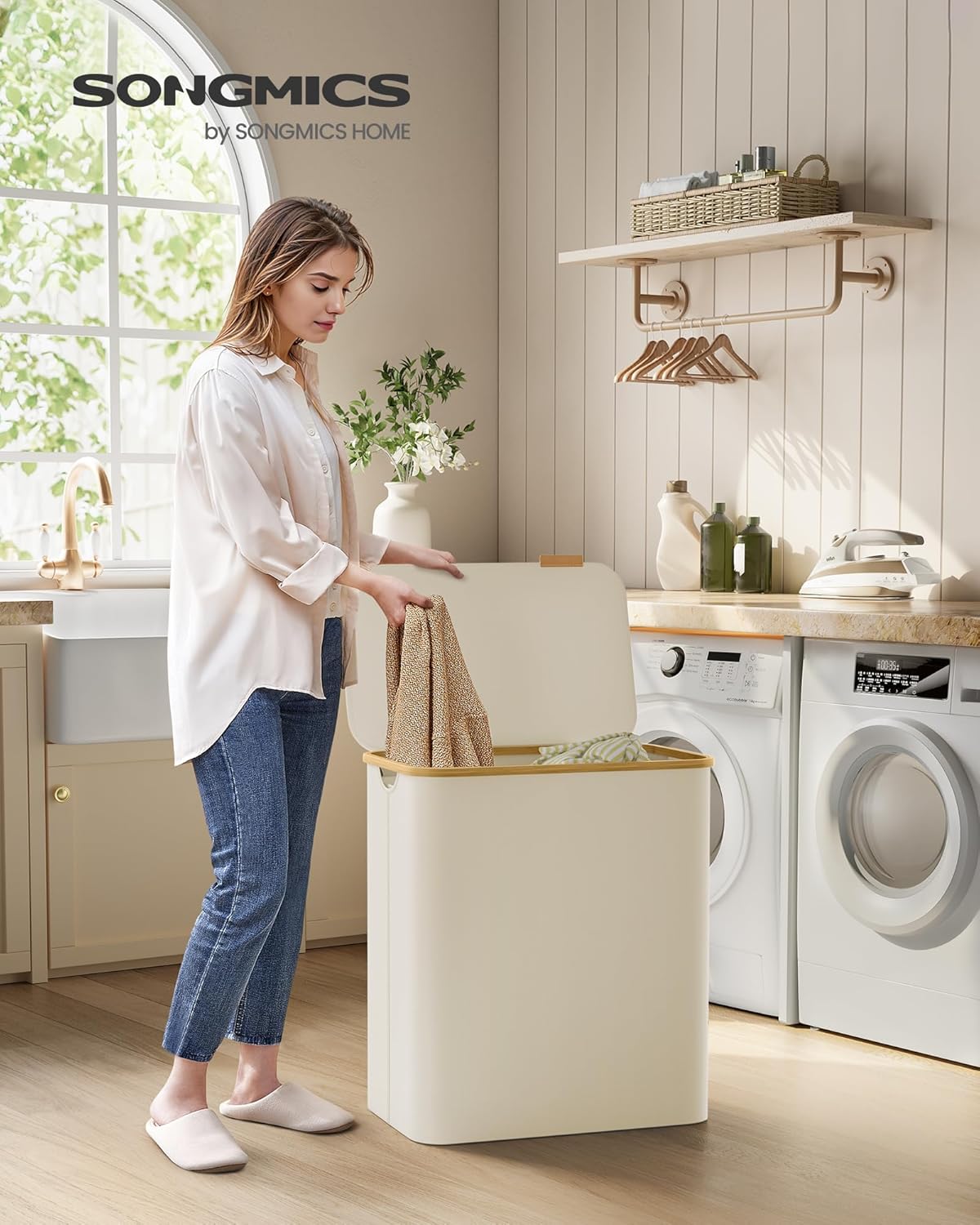 Thumbnail 1 de SONGMICS Wäschekorb mit Deckel und 3 Fächern (150 L) LCB515W01 – sortieren, verstauen, transportieren