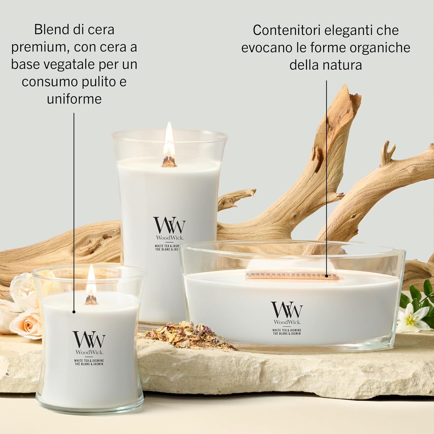 Thumbnail 6 de WoodWick Candela profumata Hourglass media White Tea & Jasmine con stoppino crepitante