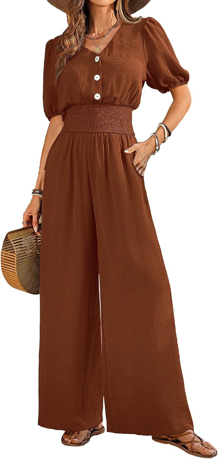 Thumbnail 6 de LOOKBOHO Womens Jumpsuits: Short Sleeve V-Neck Wide Leg Romper for Summer 2026