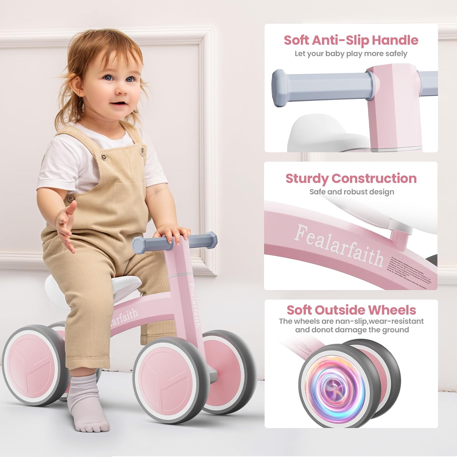 Thumbnail 5 de Fealarfaith Baby Balance Bike (Baby Pink) for 10–36 Months — LED Lighting Wheels, 4-Wheel Toddler First Bike