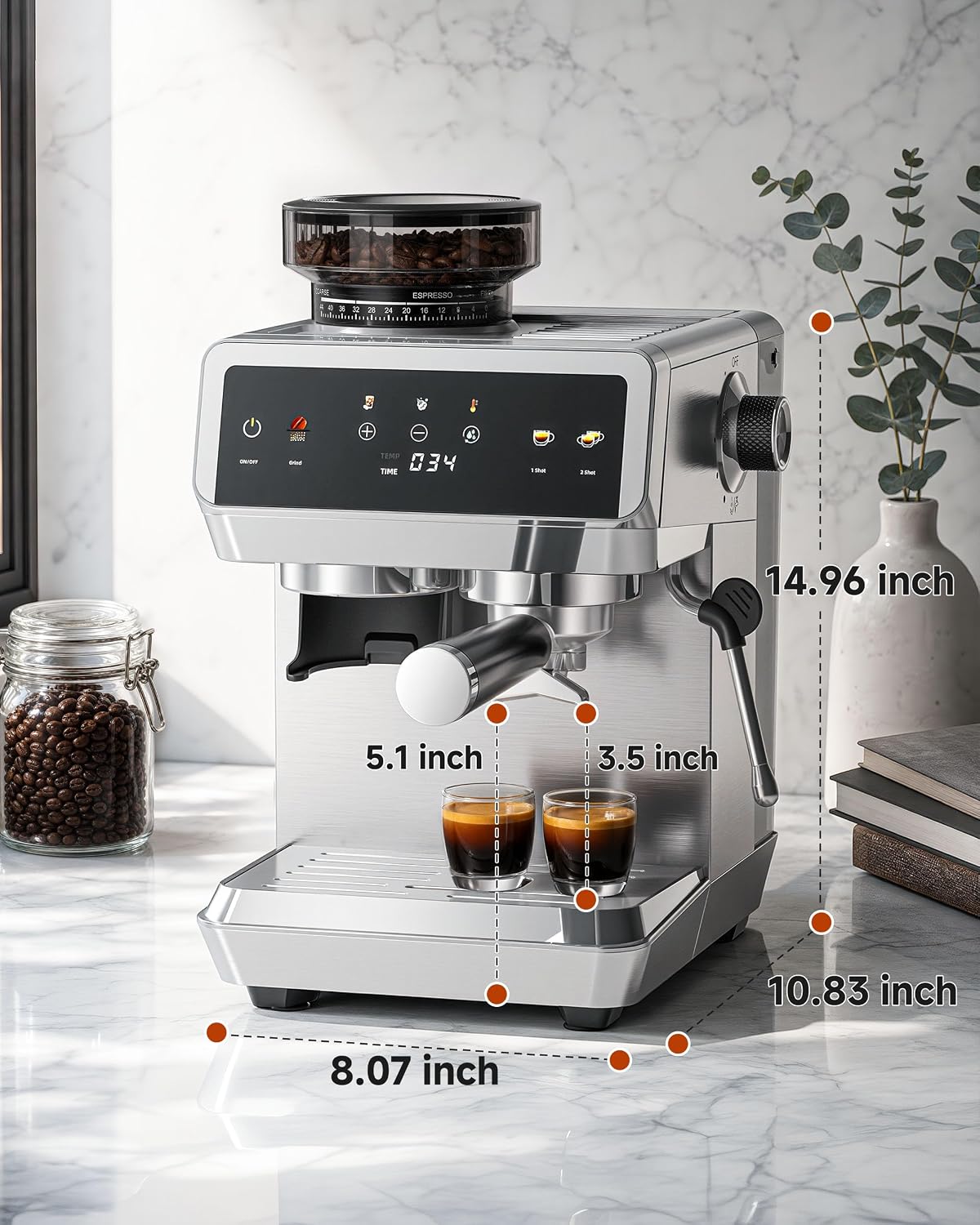 Detalle 2 de AMZCHEF CM1626 Espresso Machine with Grinder, 44 Settings, Touchscreen