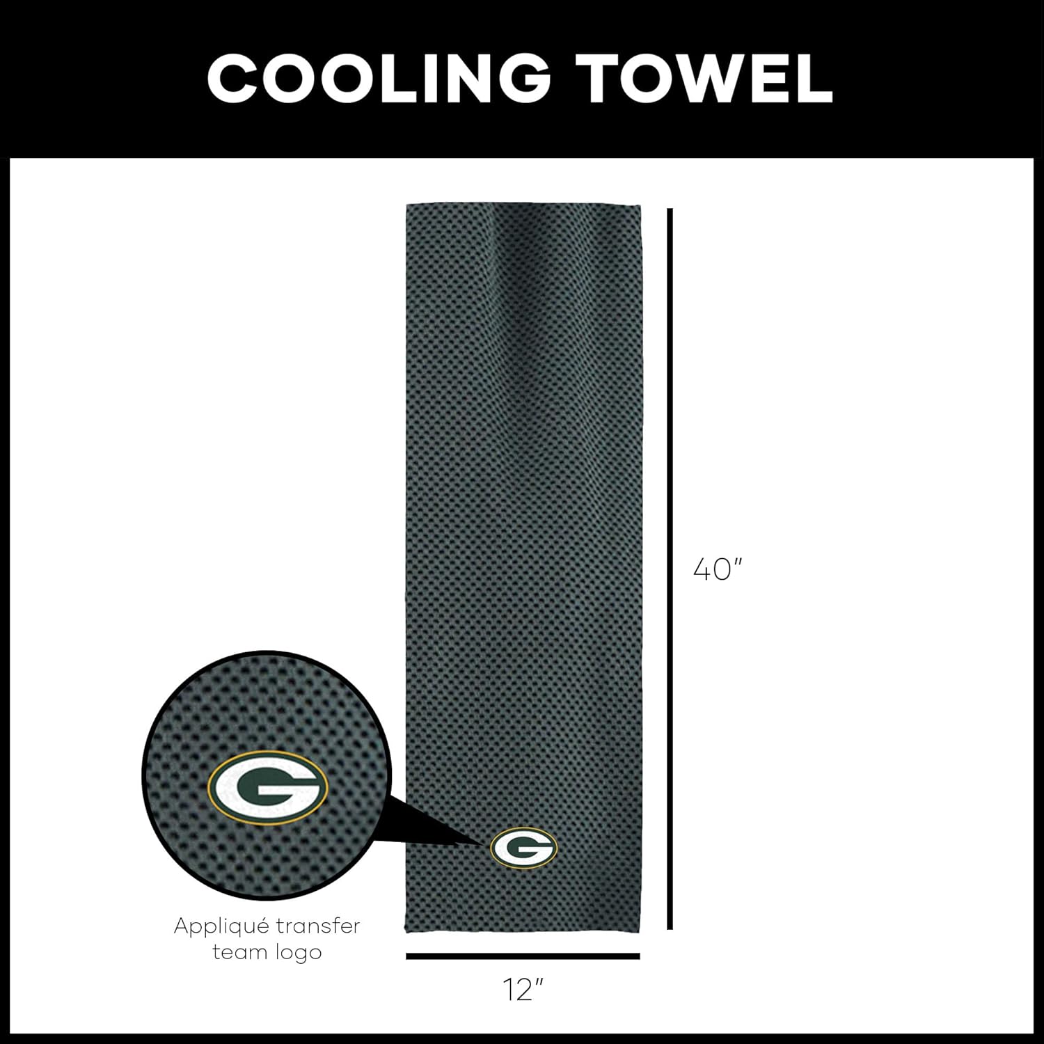 Detalle 2 de Northwest NFL Green Bay Packers Cooling Towel, 12" x 40" (Charcoal)