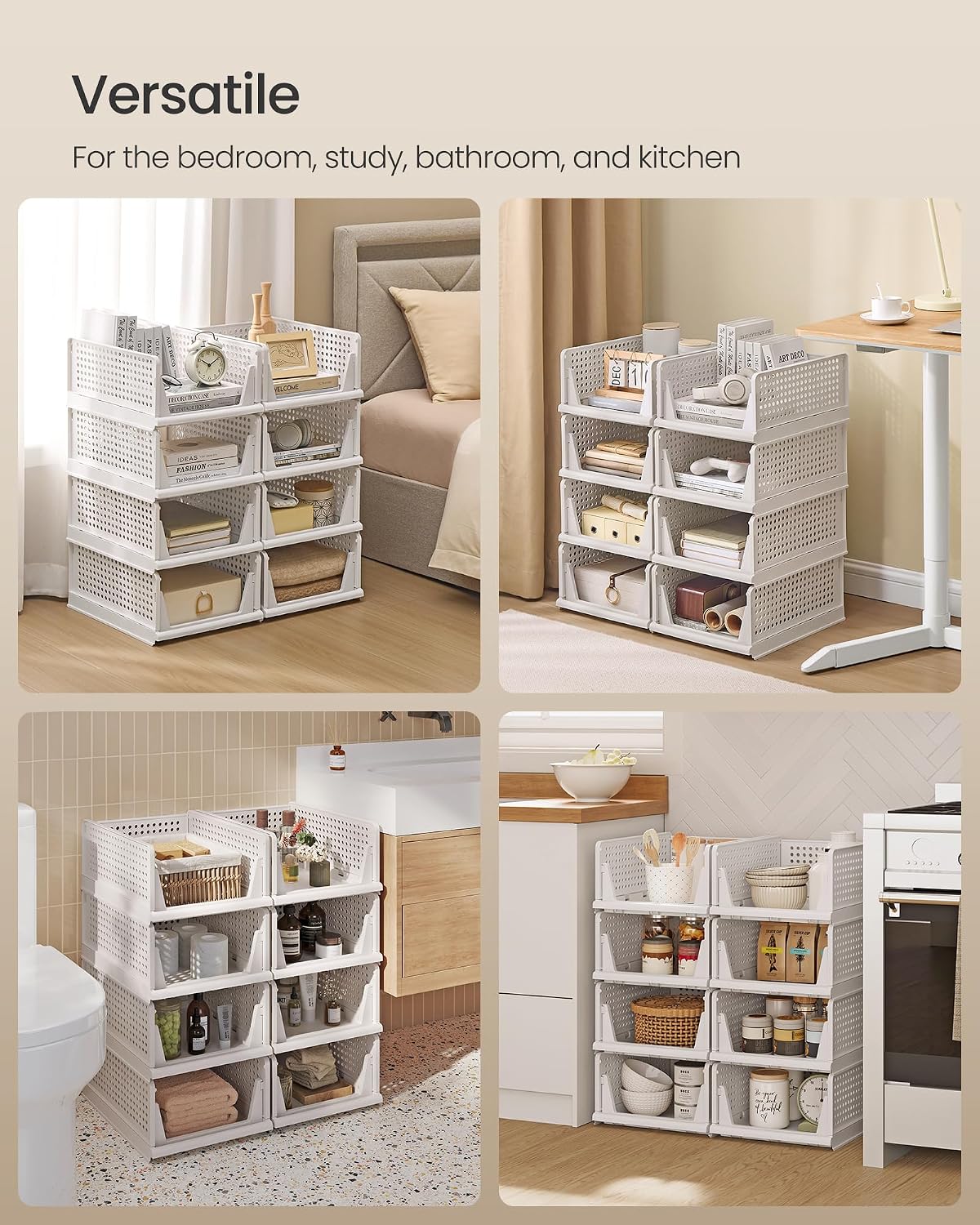 Detalle 1 de SONGMICS LPC800WZ01 Stackable Wardrobe Organiser, White PP, Pull-Out Baskets