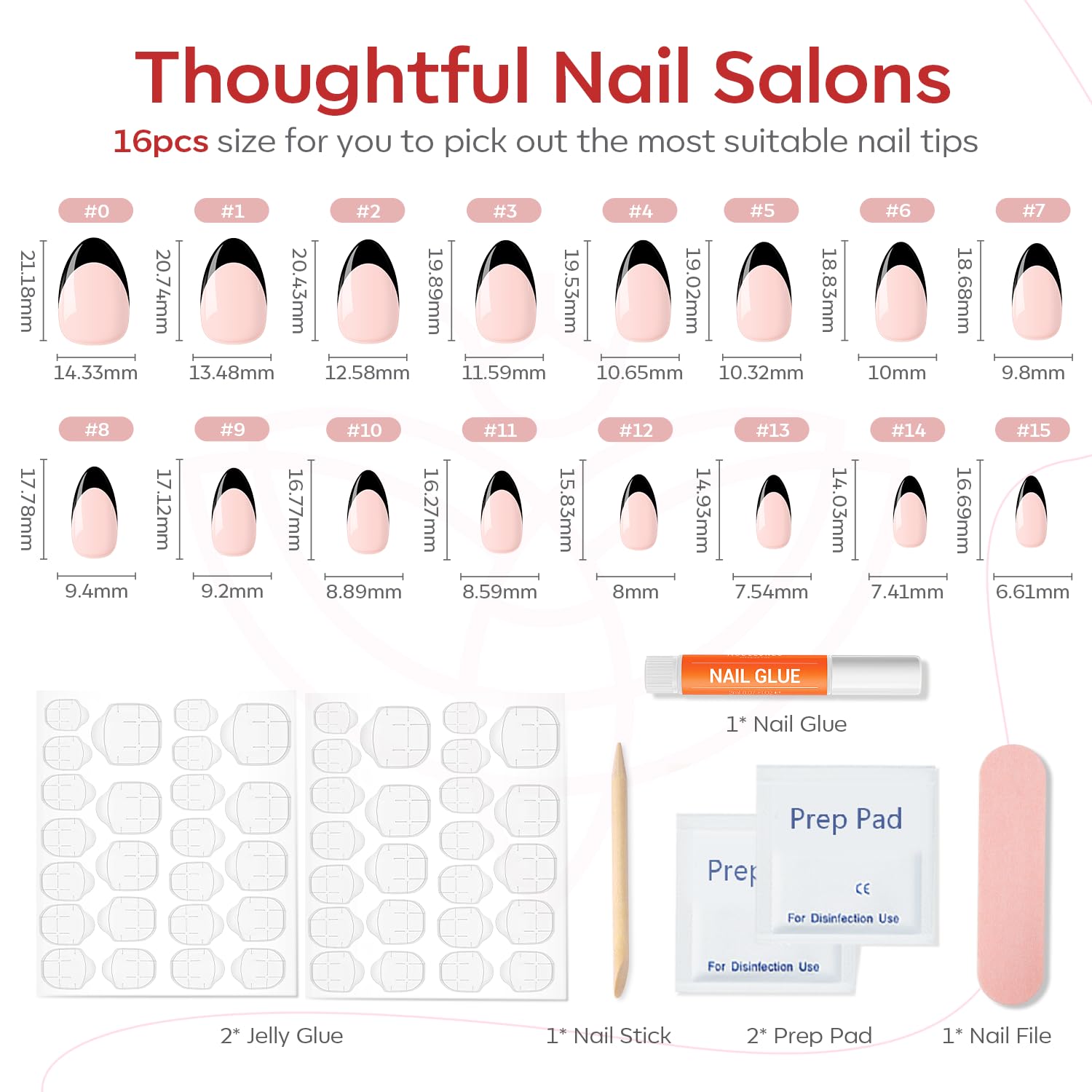 Thumbnail 4 de Modelones Black French Tip Almond Press-On Nails: 32-Piece Reusable Kit (16 Sizes)