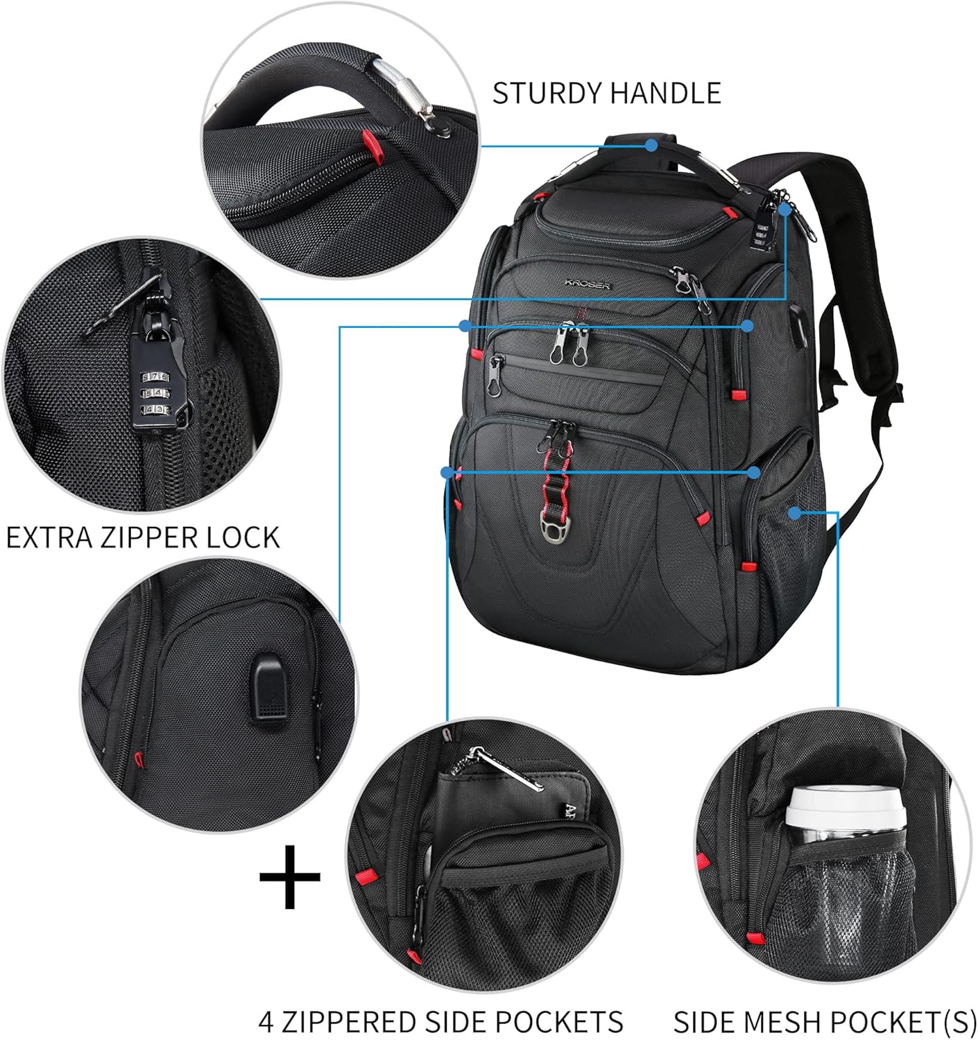Thumbnail 5 de KROSER Laptop-Rucksack für Herren bis 17,3 Zoll – Business-Reiserucksack Handgepäck, wasserdicht mit RFID-Schutz (Schwarz)