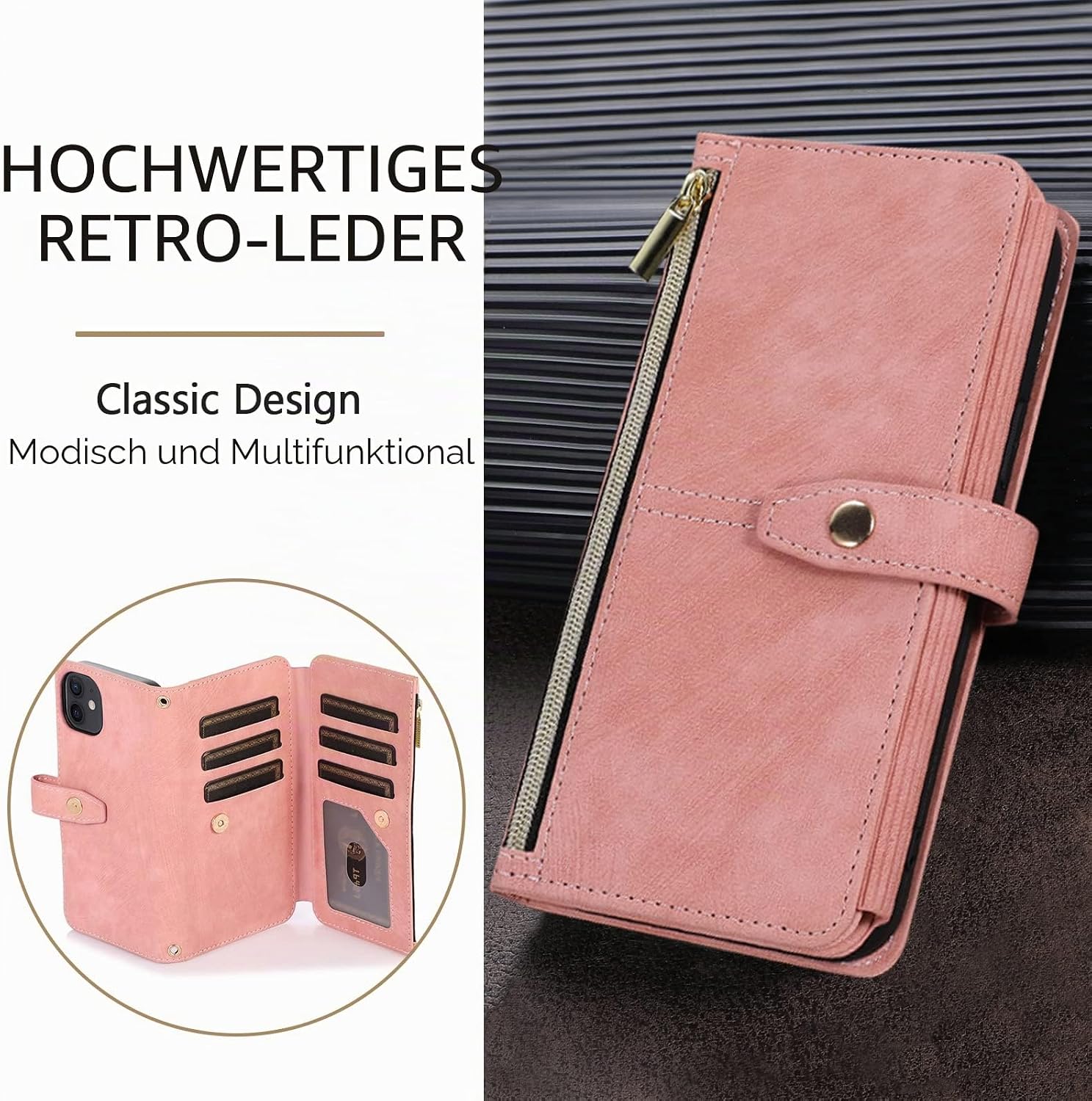Thumbnail 6 de UEEBAI Wallet-Hülle für Samsung Galaxy S23 Ultra – Vintage Retro Leder mit 9 Kartenfächern, Umhängegurt, Standfunktion und Reißverschluss in Rosa