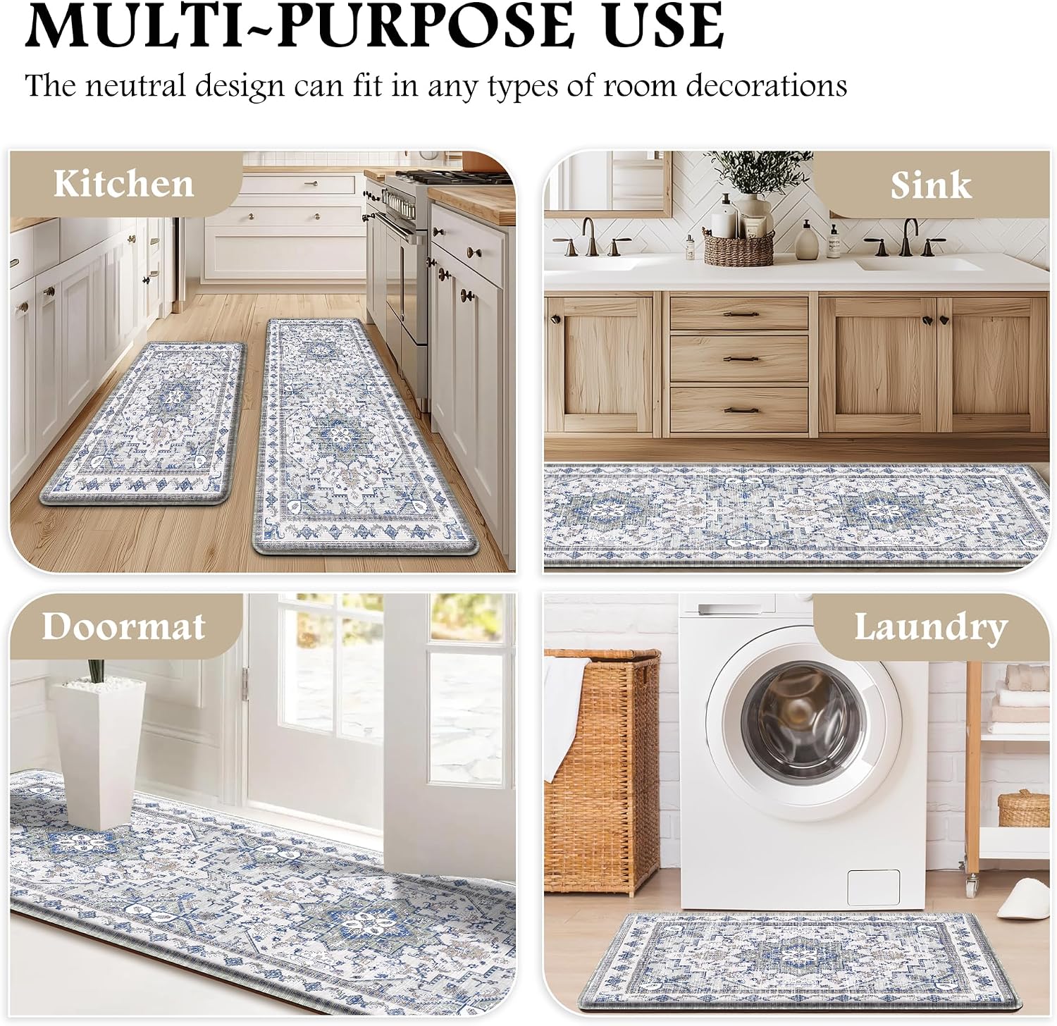 Thumbnail 5 de Boho Kitchen Mats for Floor 2 Piece Set — Anti-Fatigue, Non-Slip, Waterproof Cushioning (Blue Grey) 17.3" x 47" + 17.3" x 28