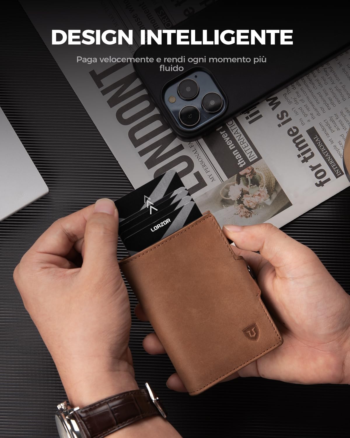 Detalle 2 de LORZOR® Portafoglio Uomo Slim in Pelle con RFID, portacarte pop-up e portamonete