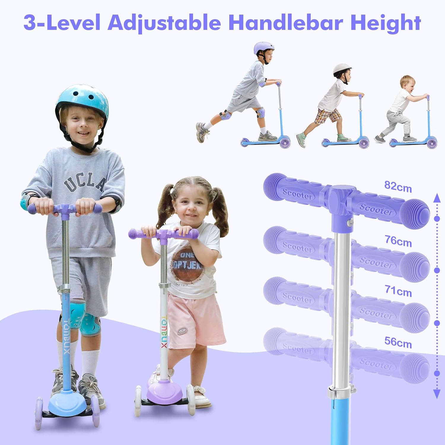 Detalle de TONBUX Kids Scooter for Ages 3-8 (3-Wheel) with Light-Up Wheels & Adjustable 4-Level Height