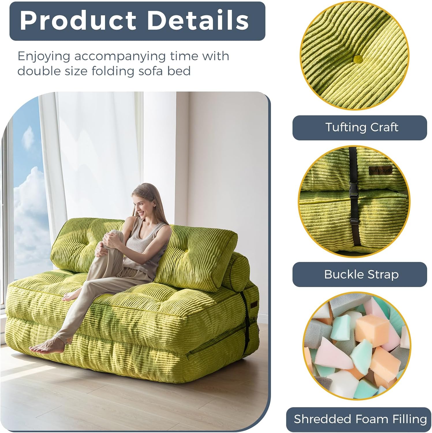 Detalle de MAXYOYO Folding Sofa Bed – Convertible Sleeper Chair with Pillow, Navy (Double)