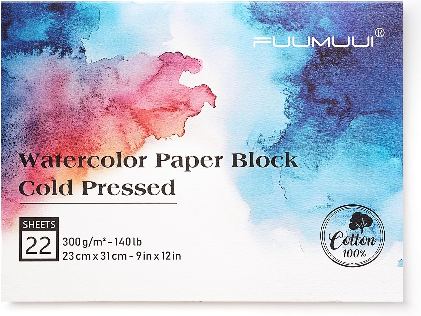 Fuumuui Watercolor Paper Block (9x12 Inch) — 100% Cotton, Cold-Pressed, 22 Sheets (140 lb / 300gsm)