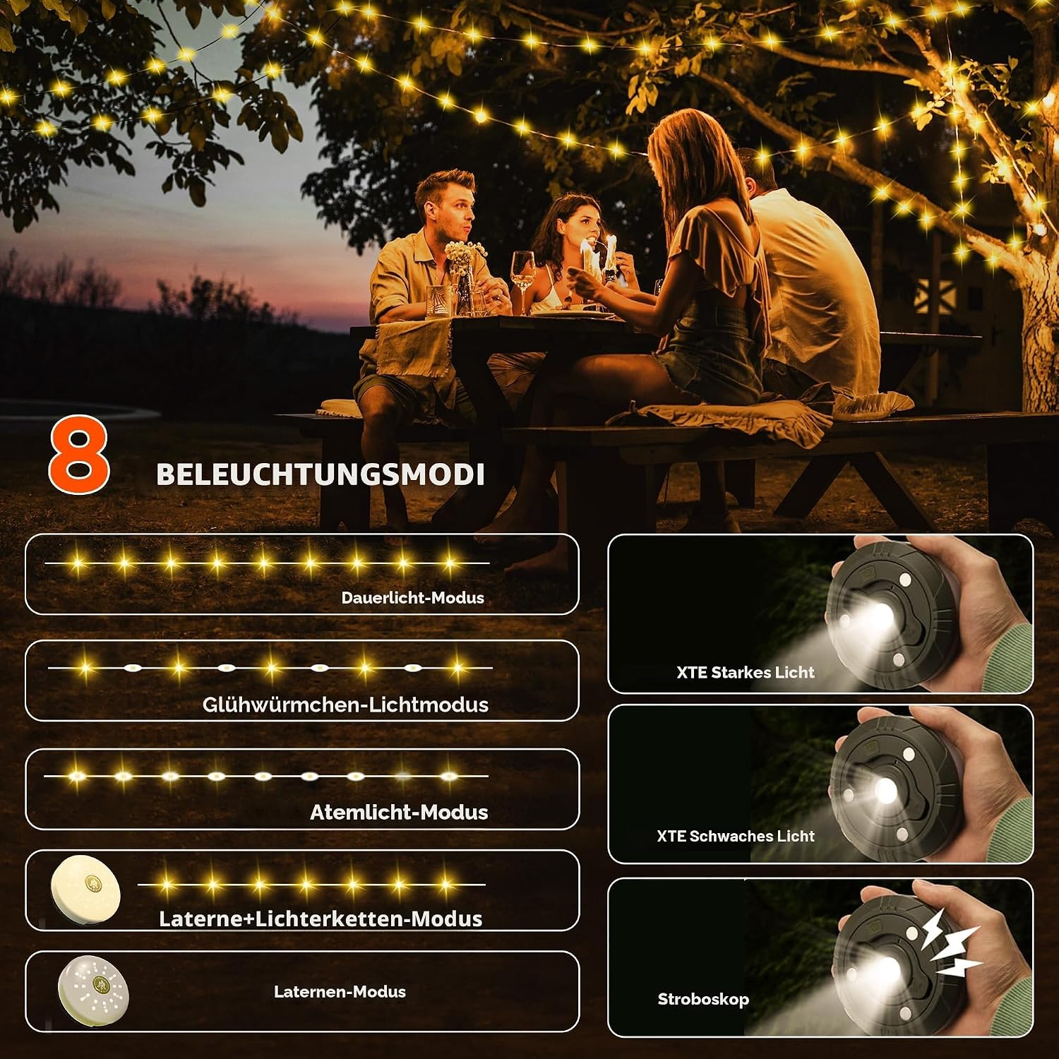 Detalle de Aufrollbare Camping-Lichterkette mit USB-Ladefunktion (wasserdicht) – 10 Fotoclips, 8 Beleuchtungsmodi, 10 m