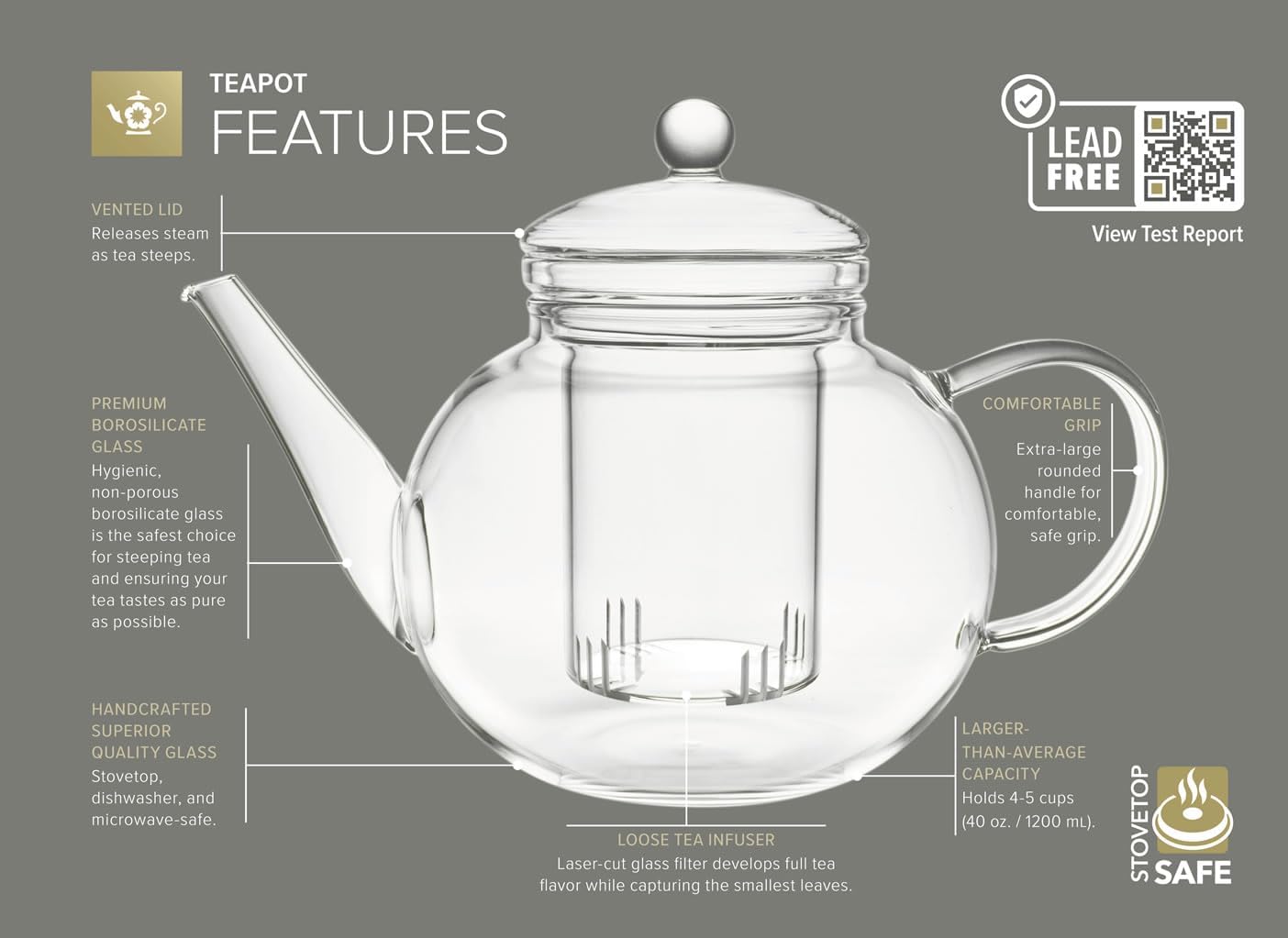 Detalle 2 de Teabloom CEL-POT-US Glass Teapot, 40 oz Borosilicate with Infuser and Two Blooming Teas