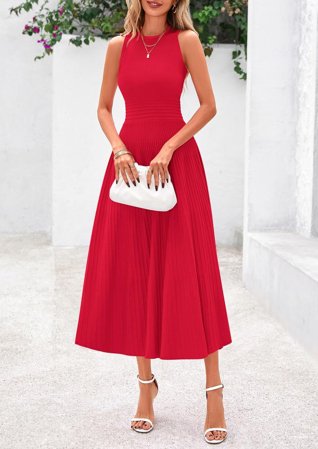 Detalle de PRETTYGARDEN PR930 Women's Pleated Knit Midi Dress, Sleeveless A-Line