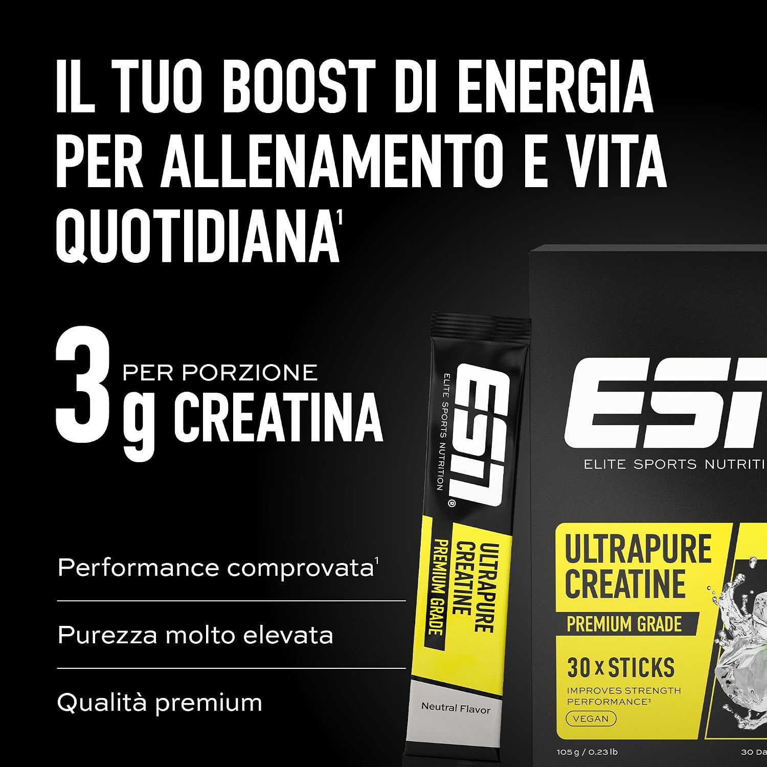 Detalle de ESN Ultrapure Creatina Monoidrato in stick – 30 bustine al gusto Ciliegia fresca, protezione vegan e solubile