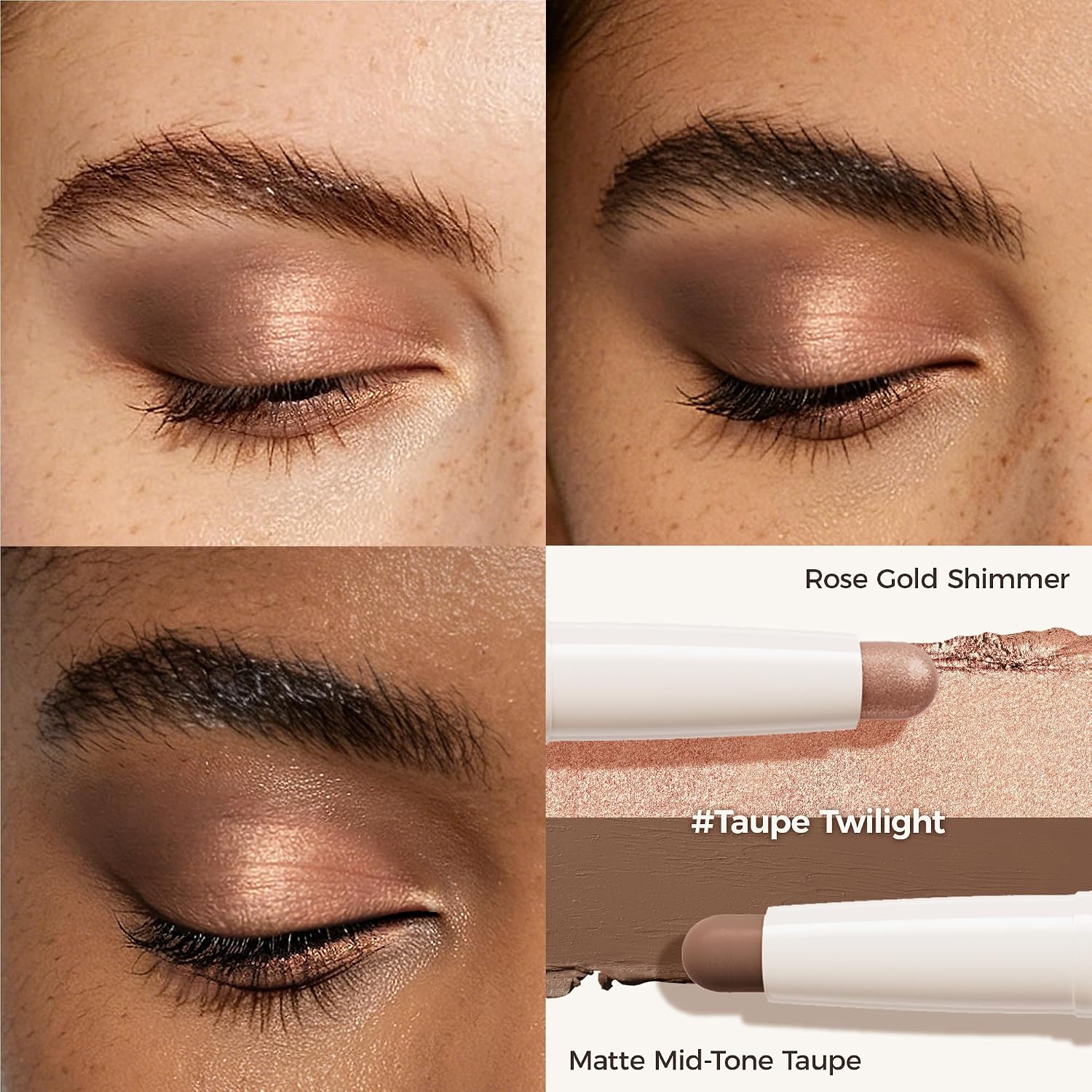 Detalle 2 de Exmiloo Doppelseitiger Lidschatten-Stift (matt & schimmer) Taupe Twilight – wasserfest, wischfest, langanhaltend