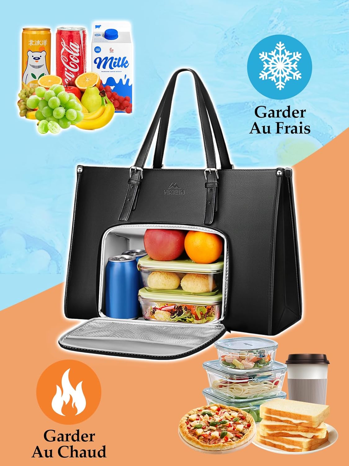 Thumbnail 2 de MATEIN Sac Cabas Femme Grand Format – Sac à Main 15,6" avec Compartiment Isotherme (Noir)