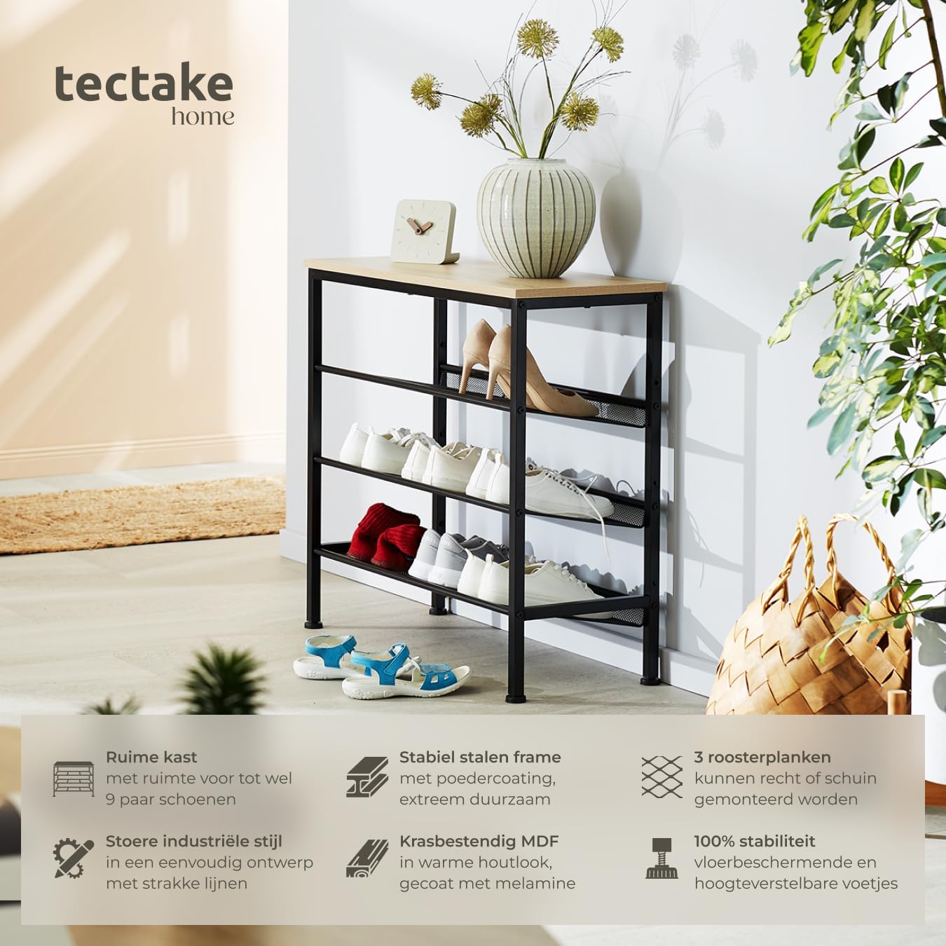 Detalle de tectake Wolverhampton 404284 schoenenrek, industrieel licht eiken, 3 roosters