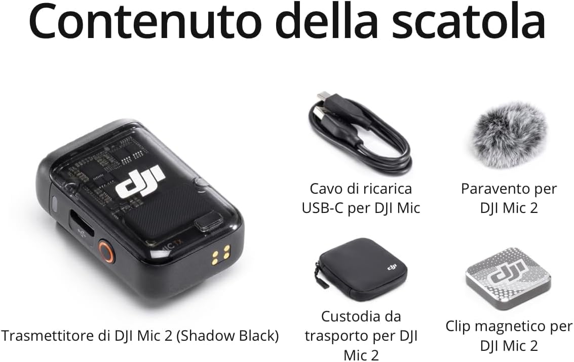 Detalle de DJI Trasmettitore per Mic 2 (Shadow Black) – microfono wireless con eliminazione del rumore e batteria prolungata