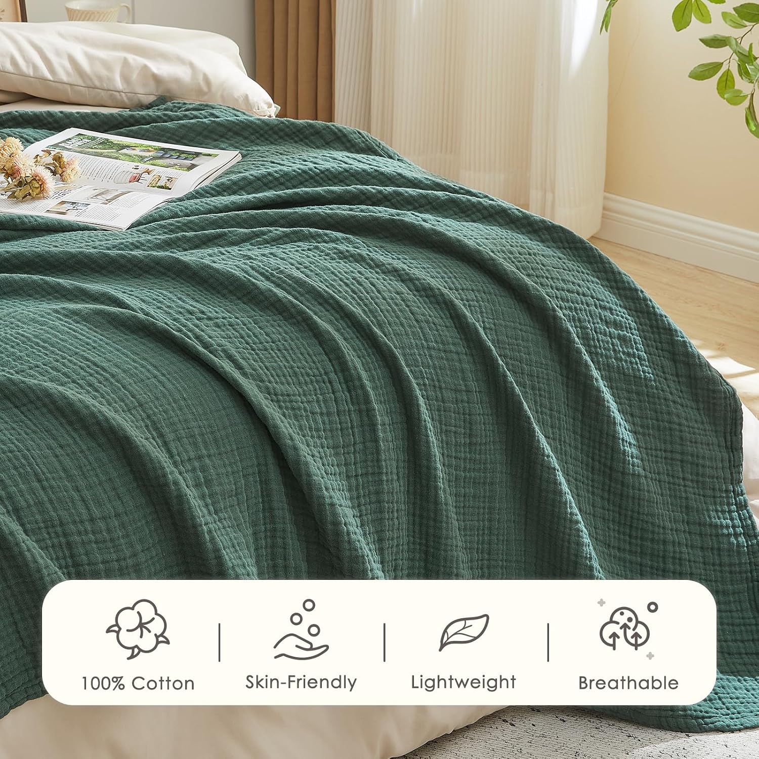Detalle de EMME Muslin Cotton Blanket, King 108 x 90 in, Forest Green