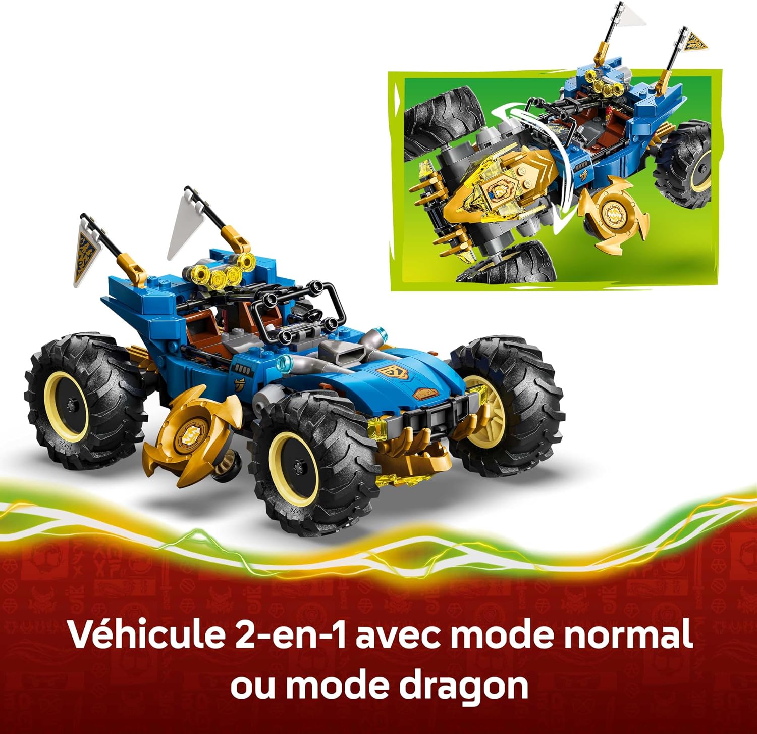 Detalle de LEGO Ninjago 2-en-1 La Voiture Transformable de Jay (71856) — Camion Ninja avec 5 Minifigurines dont Jay, Nya et Dragon Kai