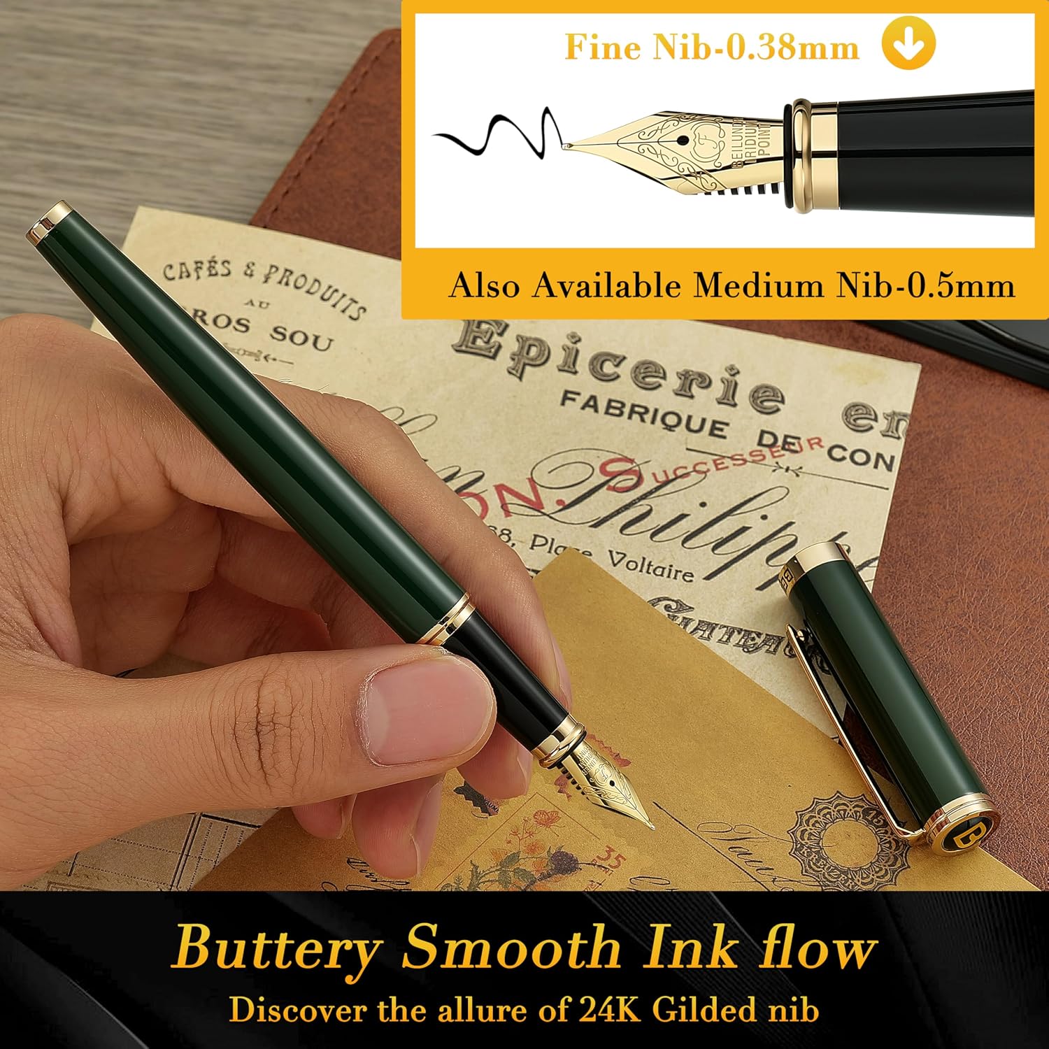 Thumbnail 3 de BEILUNER Luxury Fountain Pen in Racing Green with 24K Gold Accents and Fine Nib