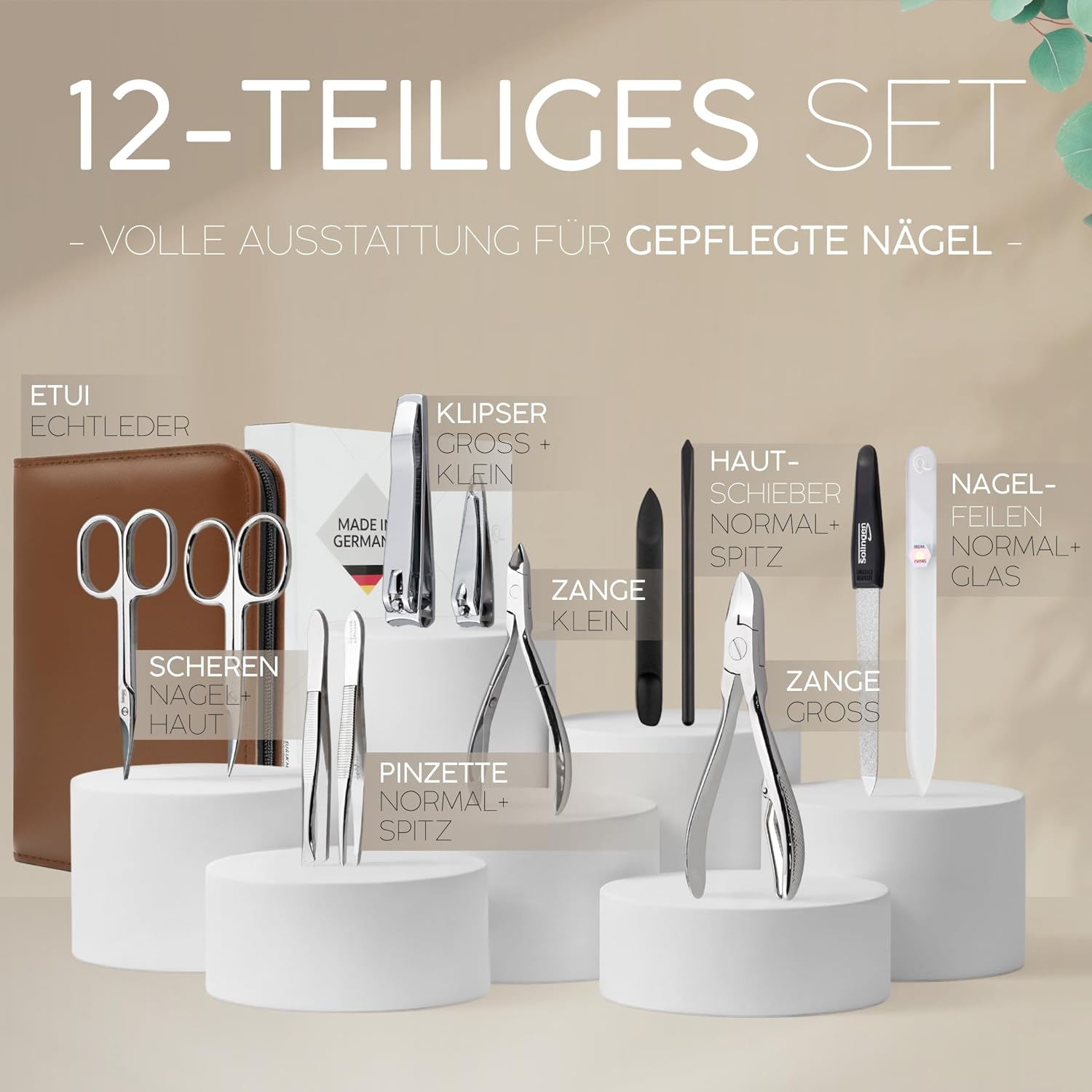 Detalle de marQus Solingen Maniküre Set – 12 Teile im echten Lederetui, handlich und vollständig