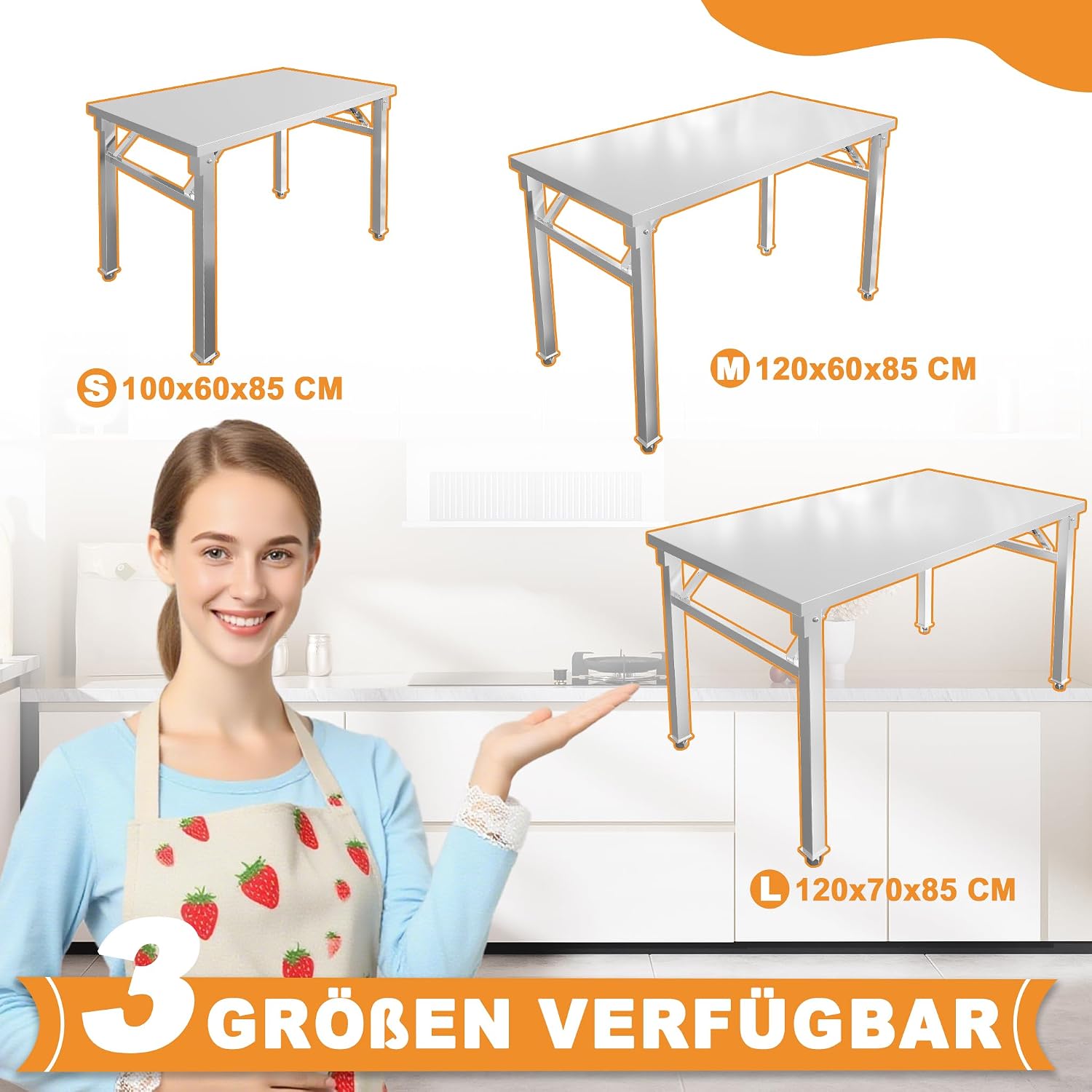Detalle de UISEBRT opvouwbare werktafel in roestvrij staal, 120 x 60 x 85 cm, tot 300 kg