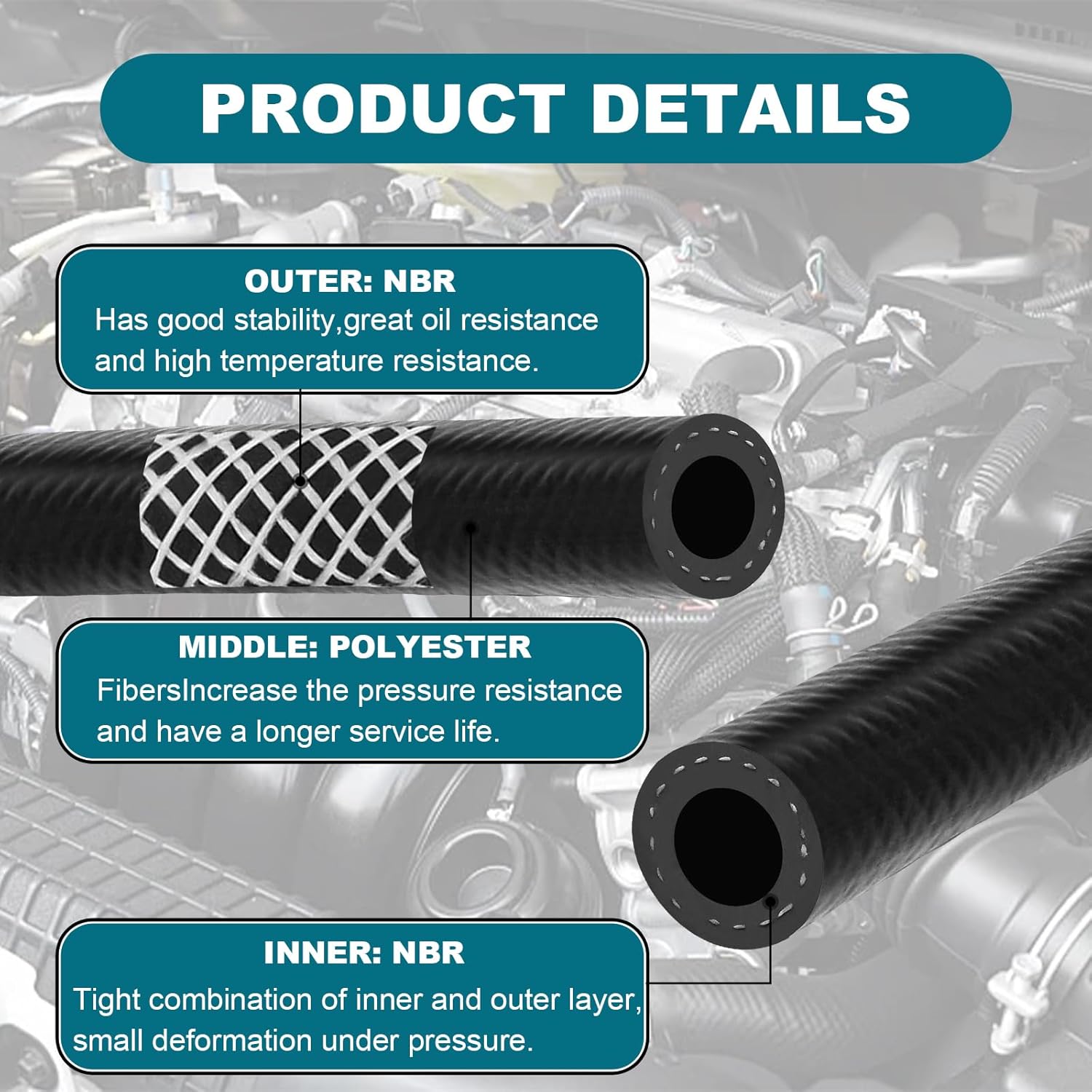 Detalle de 3/8 in (10mm) ID Fuel Line Hose — 10 FT 300 PSI Push Lock NBR Rubber Hose for Automotive