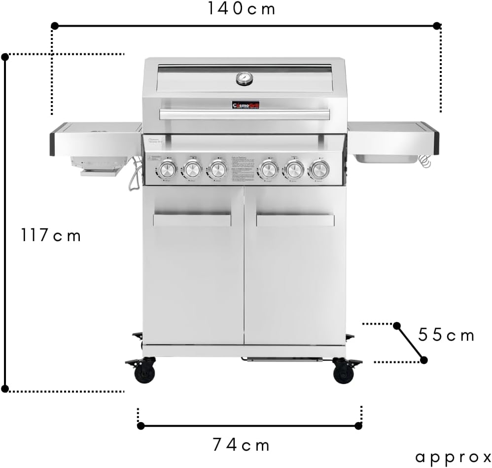 Thumbnail 5 de CosmoGrill Yamara 4+2 6 Burner Stainless Steel Gas BBQ with Viewing Glass, 1 Ceramic Sear Zone and Cast Iron Grates (Silver)